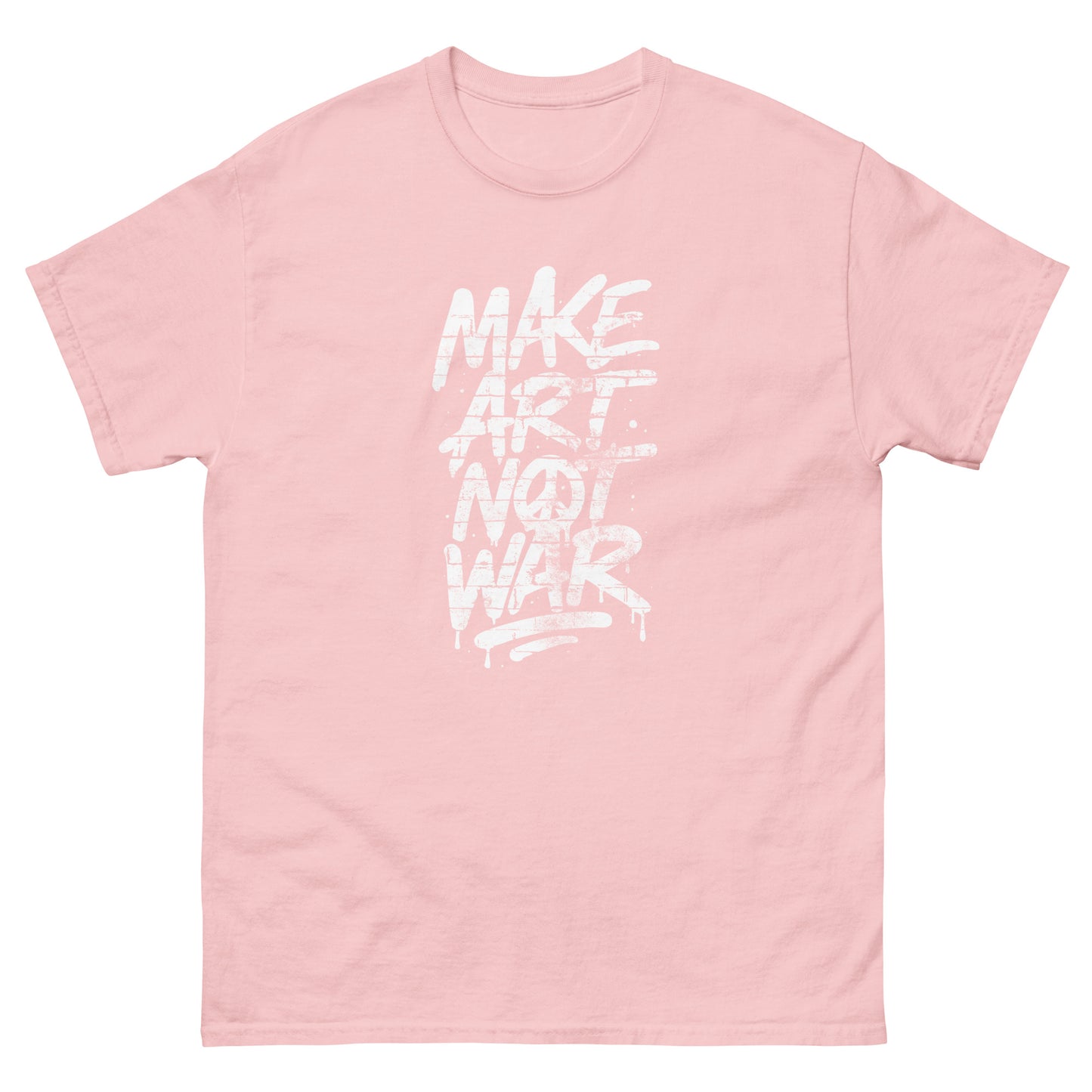 Light pink unisex classic t-shirt featuring centered graffiti-style typography reading “MAKE ART NOT WAR” in white print with expressive brushstroke texture and bold vertical layout.