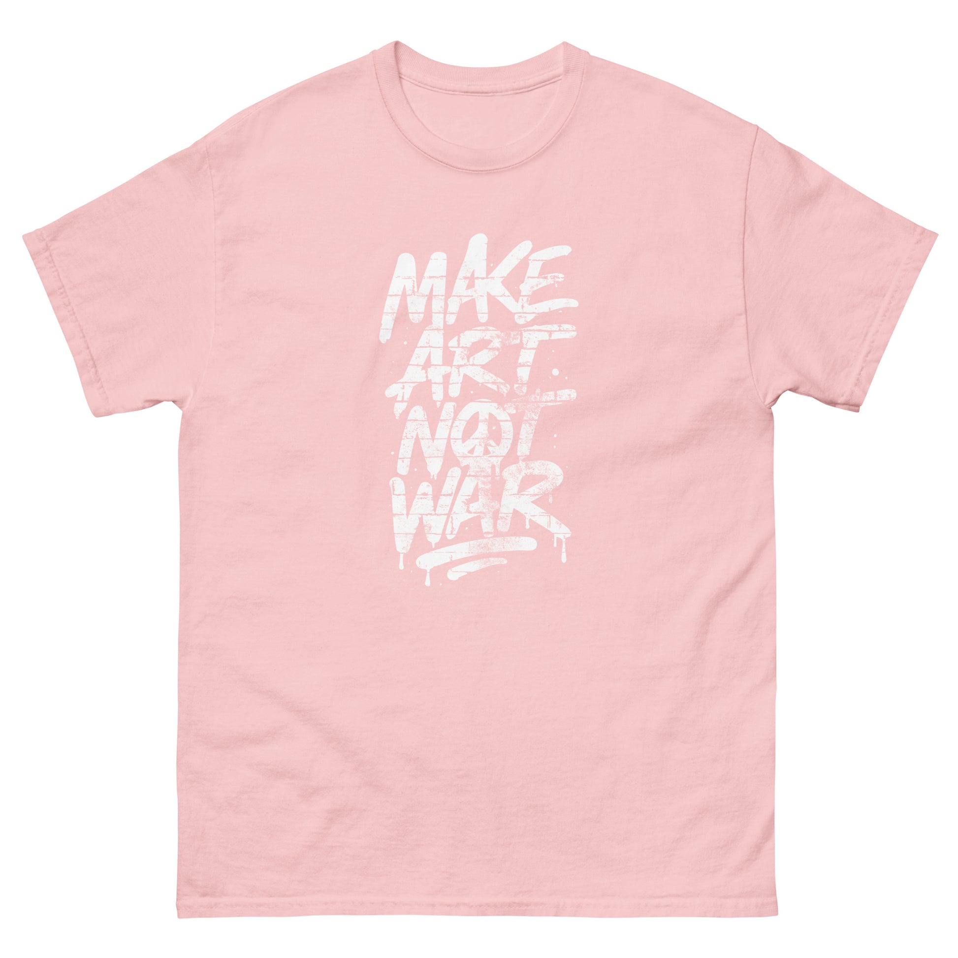 Light pink unisex classic t-shirt featuring centered graffiti-style typography reading “MAKE ART NOT WAR” in white print with expressive brushstroke texture and bold vertical layout.