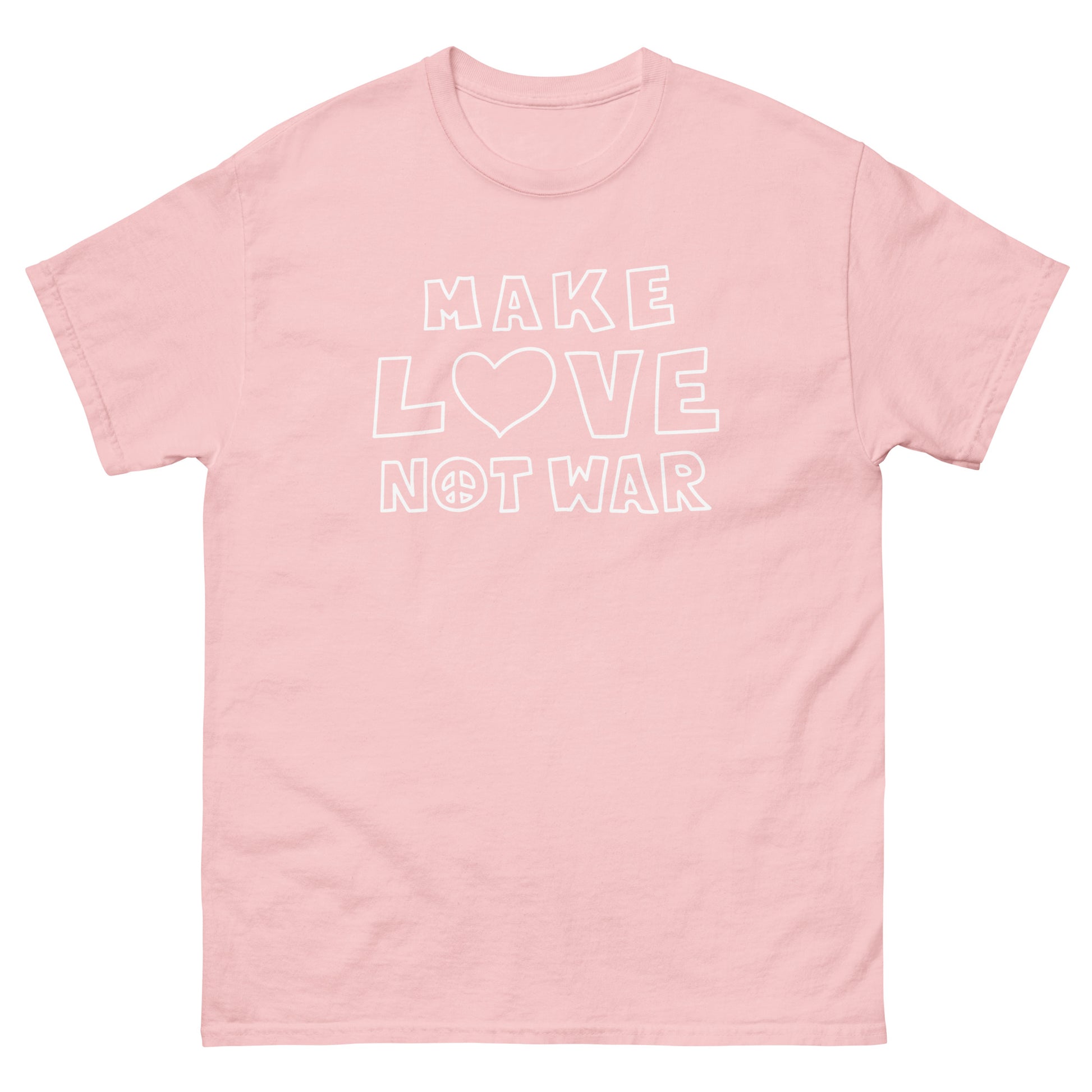 Light pink unisex classic tee from Blue Wave USA showcasing outlined white typography reading “MAKE LOVE NOT WAR,” designed with heart symbol and clean retro-inspired protest aesthetic.