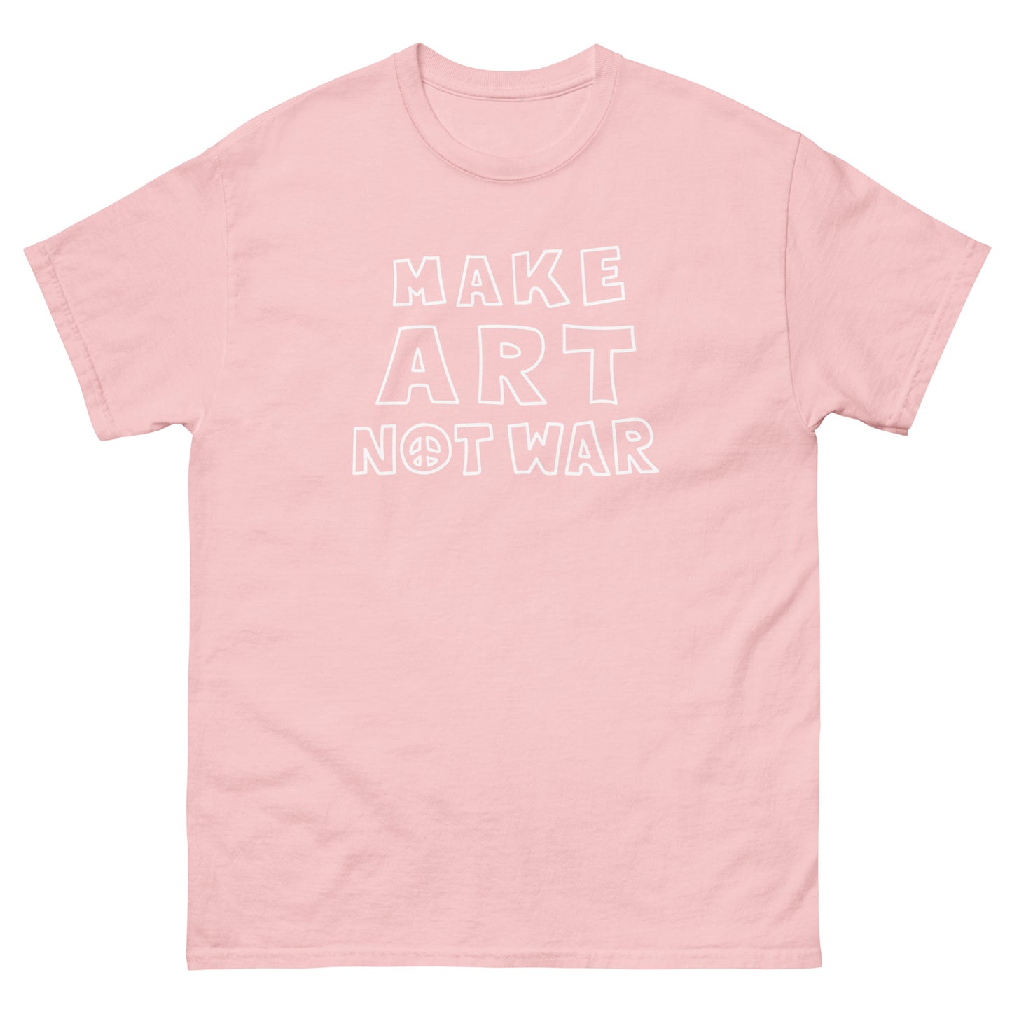 Light pink unisex classic tee from Blue Wave USA showcasing outlined white typography reading “MAKE ART NOT WAR,” designed in clean stacked layout with modern protest-inspired style.