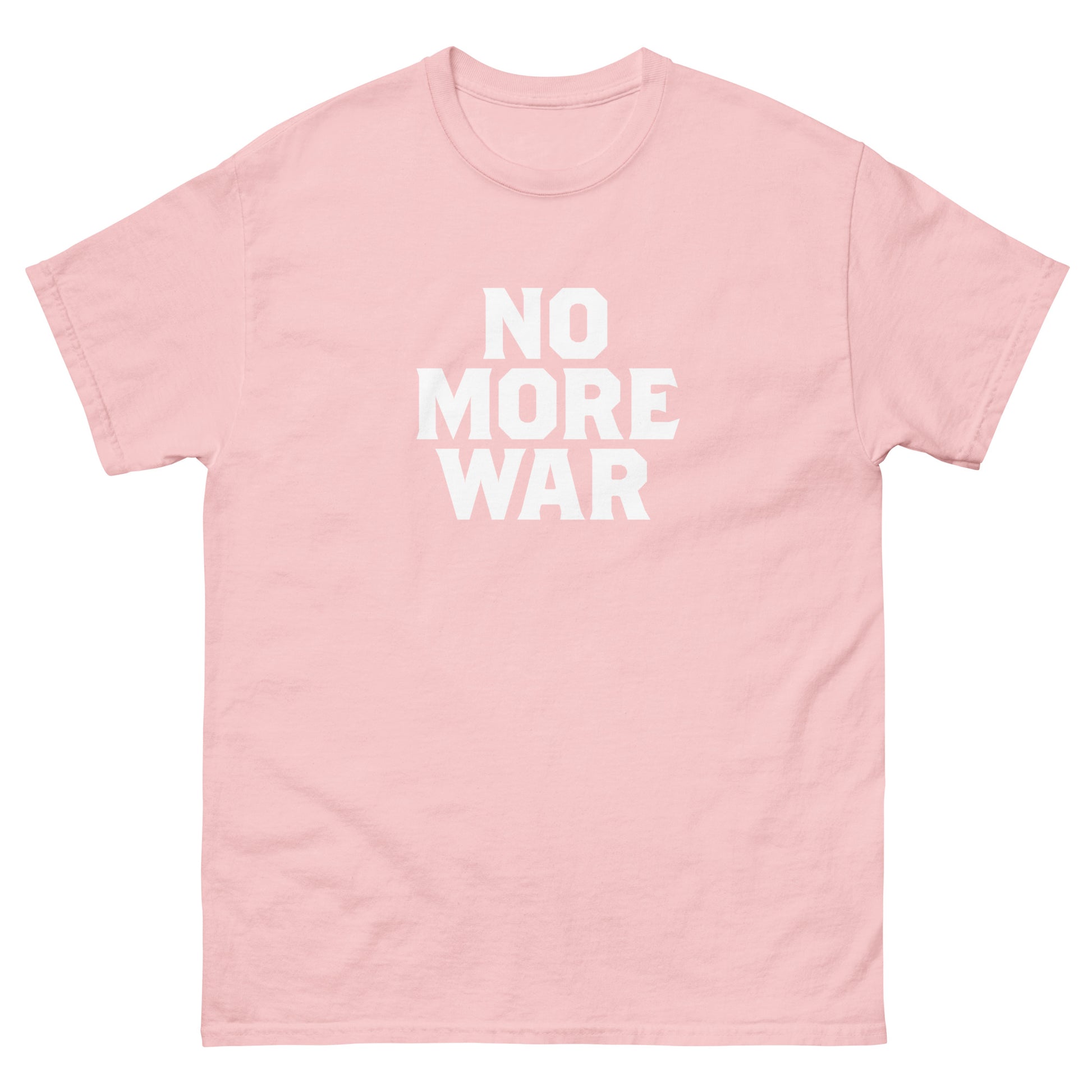 Light pink unisex classic tee from Blue Wave USA showcasing centered white typography reading “NO MORE WAR,” designed in clean stacked format with minimalist protest aesthetic.