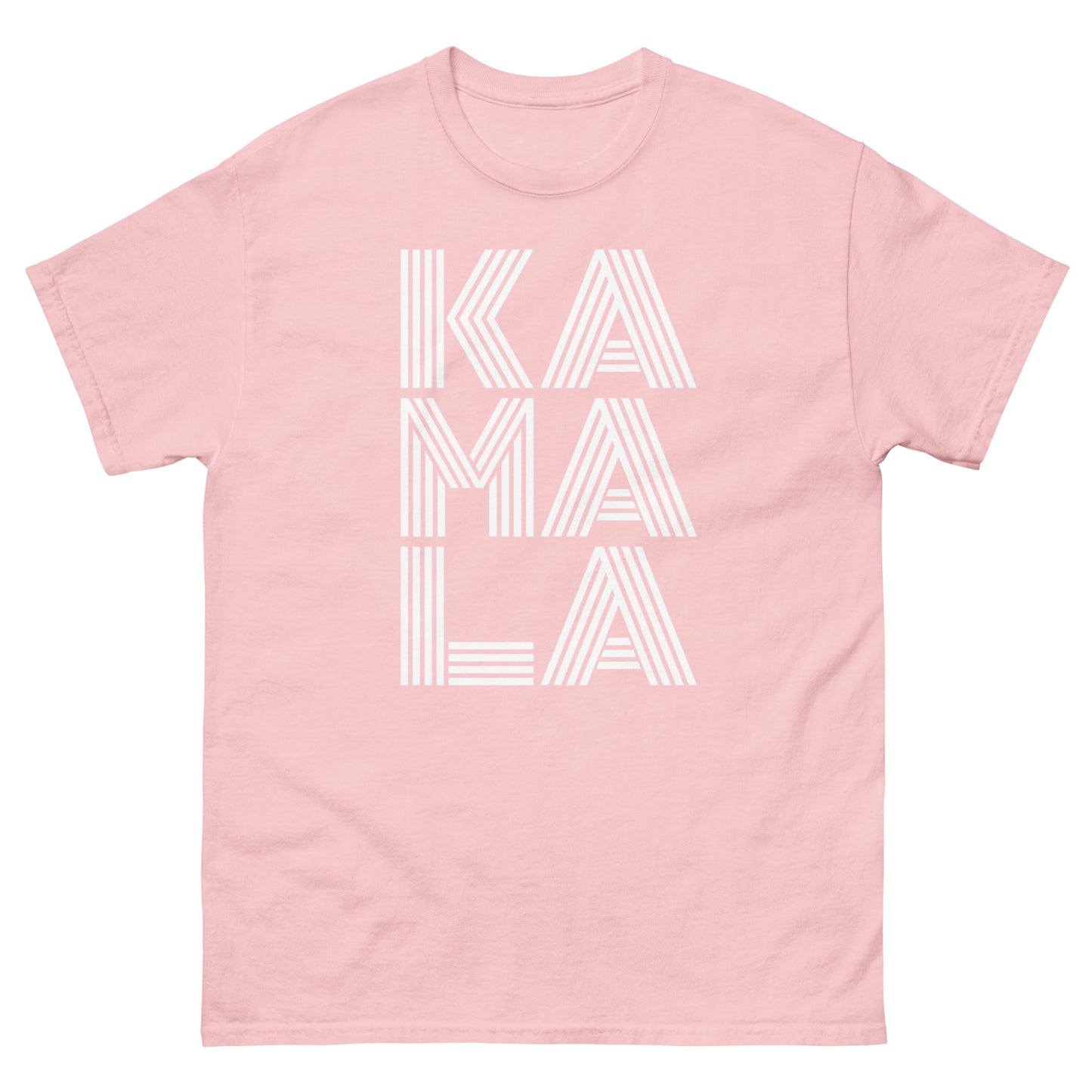 Soft pink unisex classic tee displaying stacked “KAMALA” lettering in minimalist white linework.