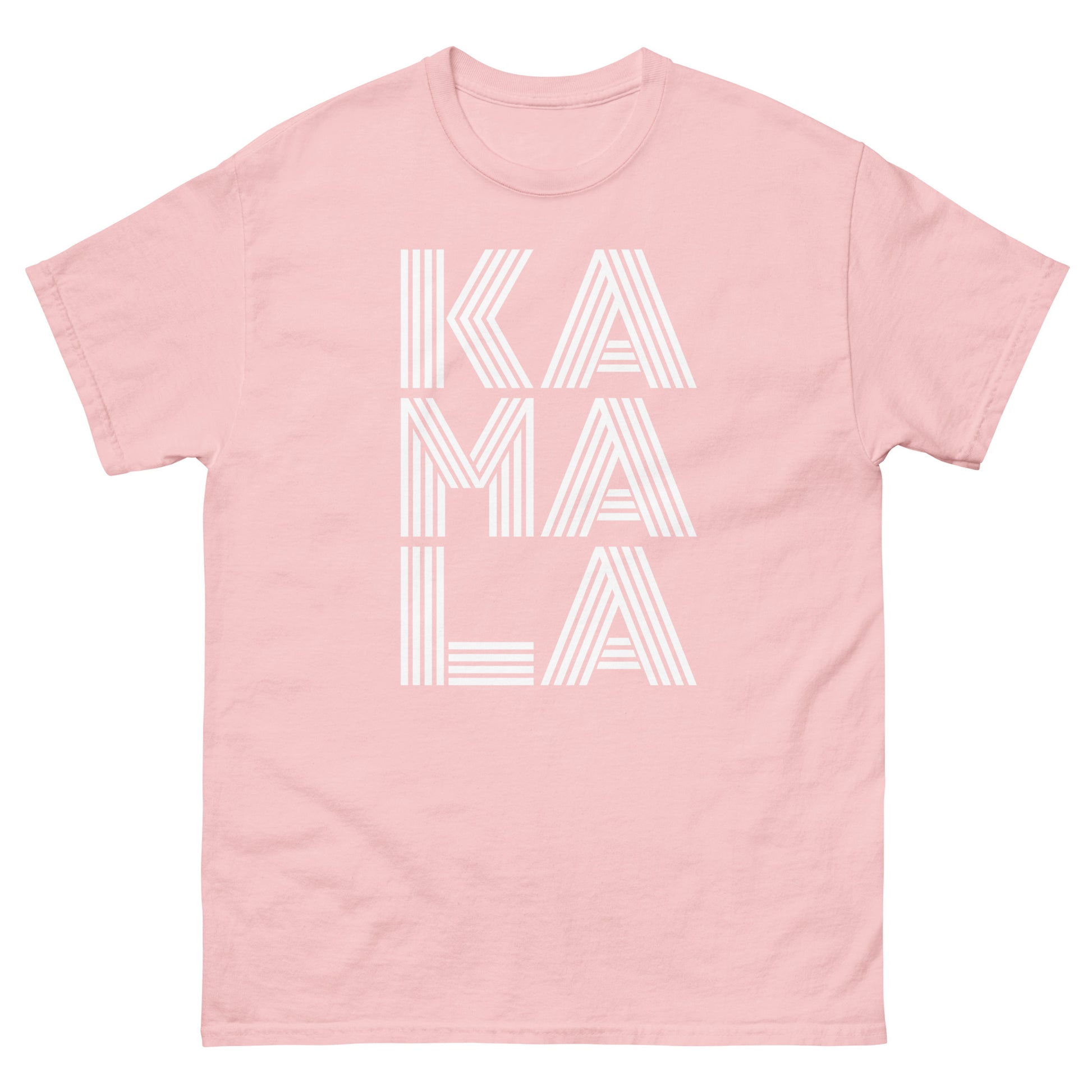 Soft pink unisex classic tee displaying stacked “KAMALA” lettering in minimalist white linework.