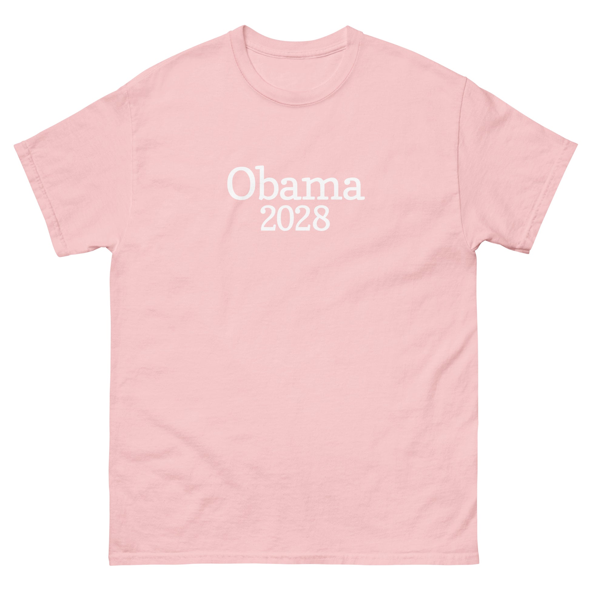 Soft pink unisex classic tee displaying centered “Obama 2028” text in simple, clean font.