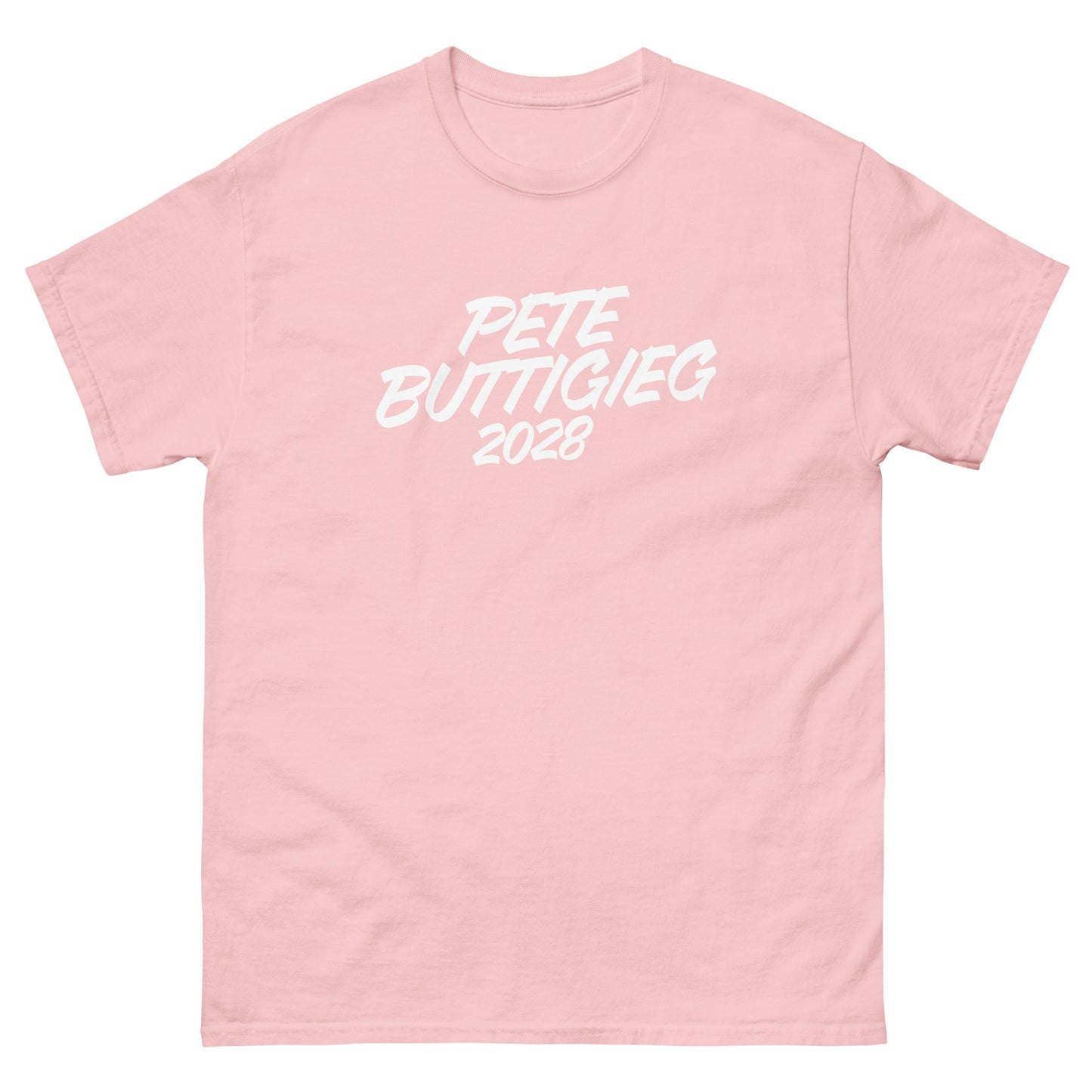 Soft pink unisex classic tee displaying “PETE BUTTIGIEG 2028” text in bold white script.