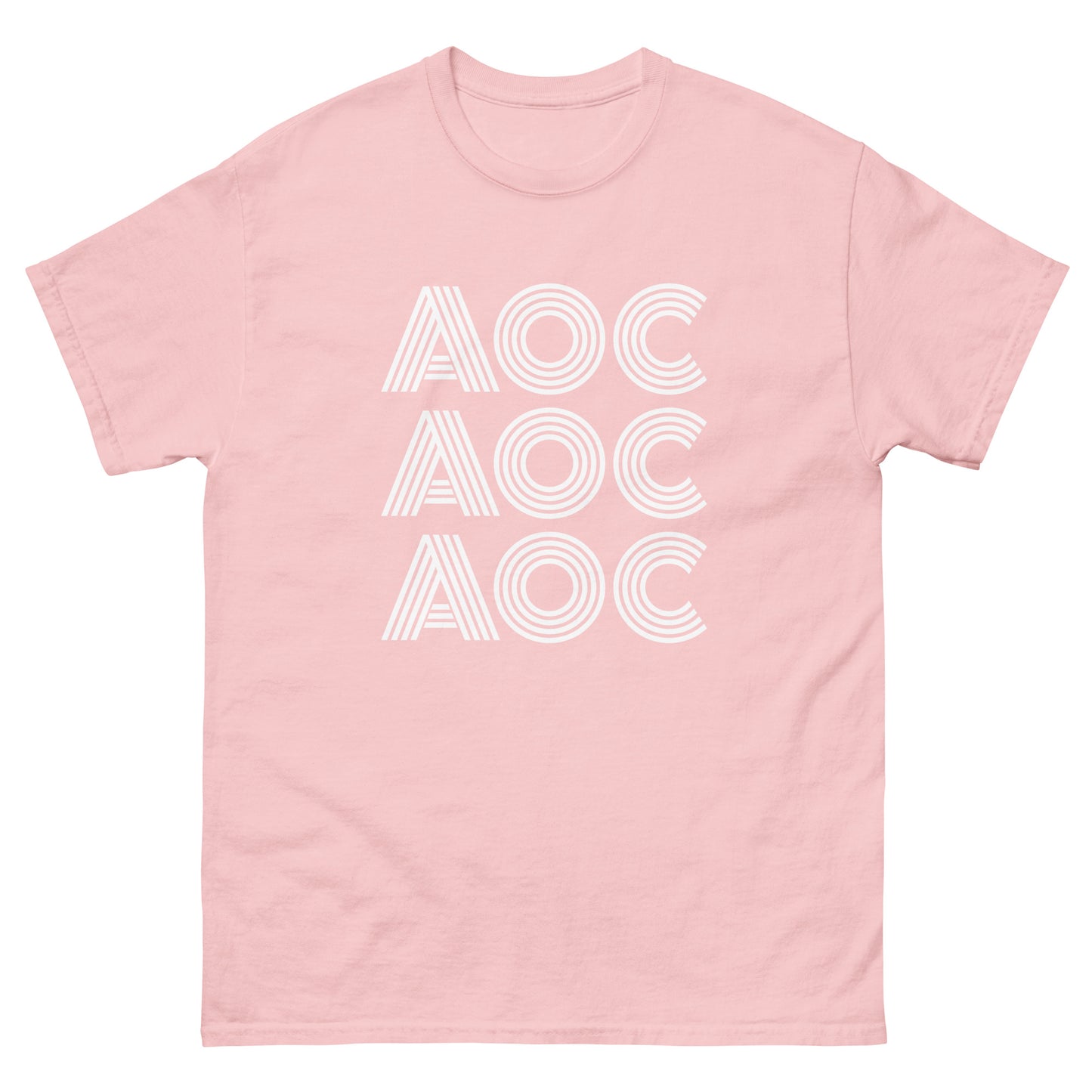 Soft pink unisex classic tee displaying stacked “AOC” lettering in minimalist white linework.
