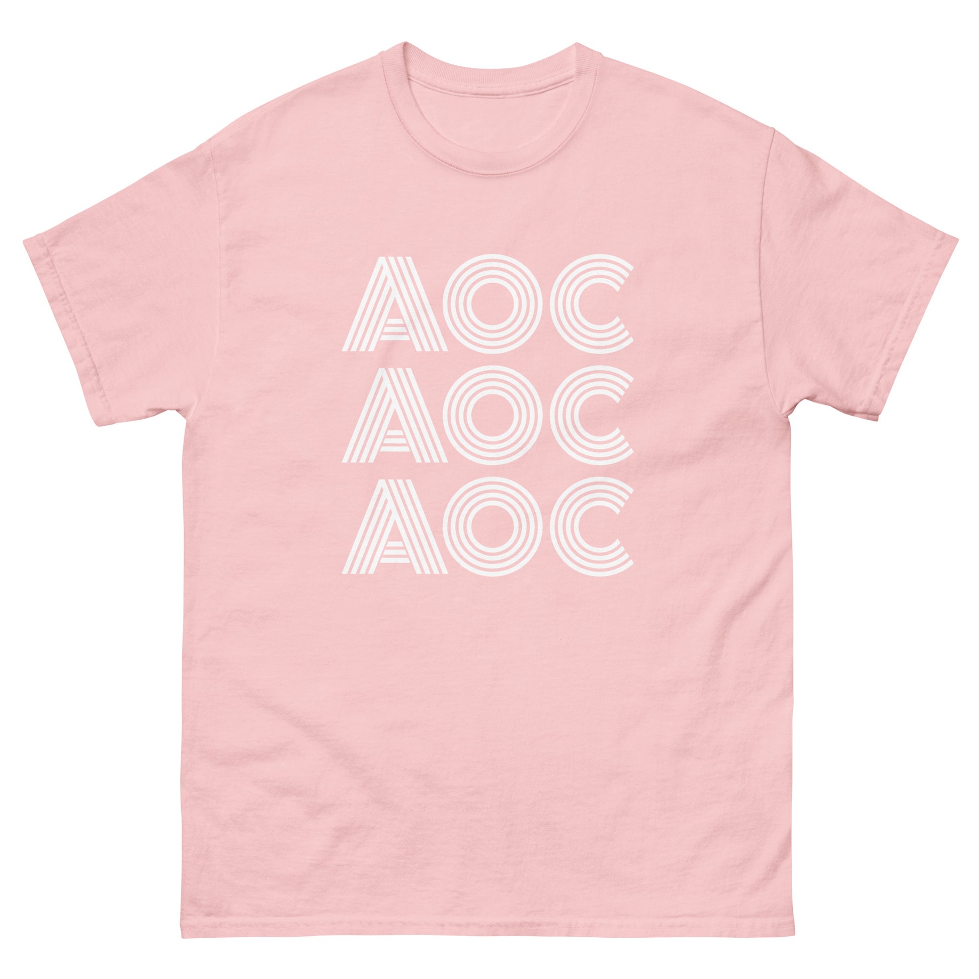 Soft pink unisex classic tee displaying stacked “AOC” lettering in minimalist white linework.