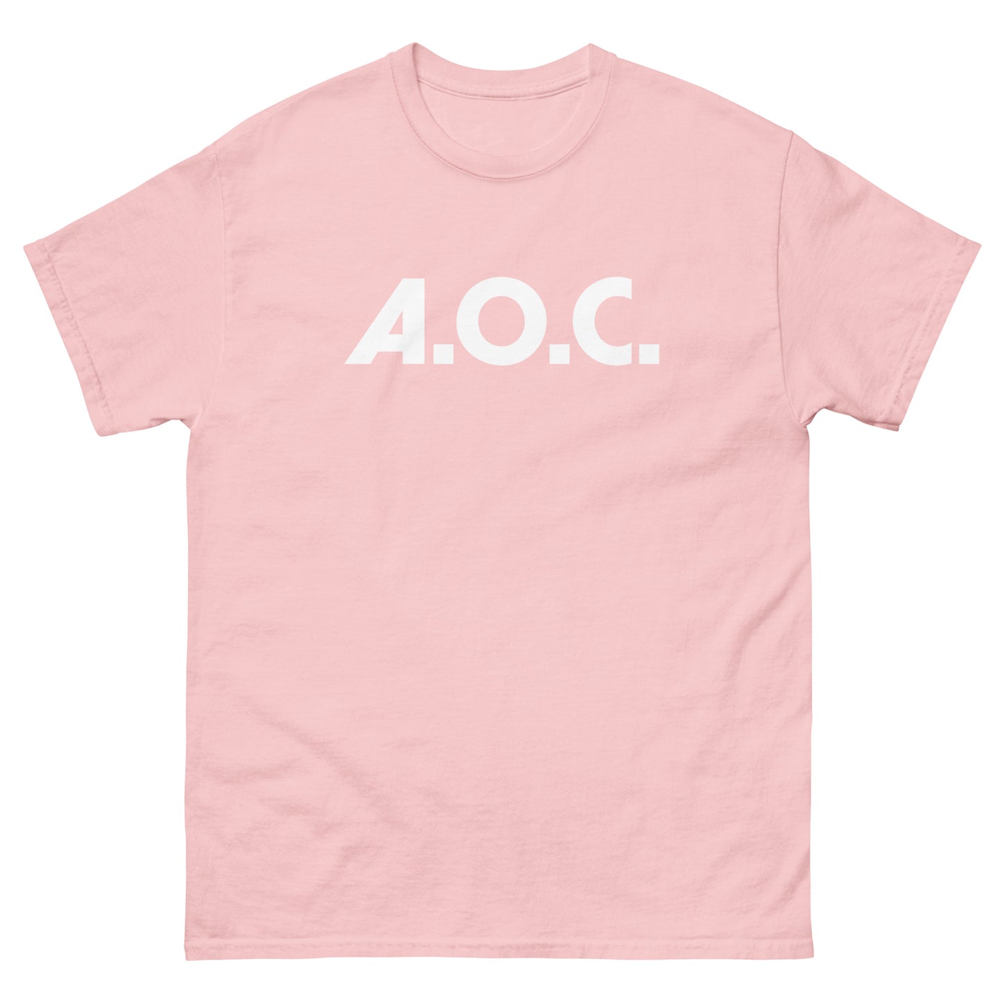 Soft pink unisex classic tee displaying minimalist “A.O.C.” text across chest.