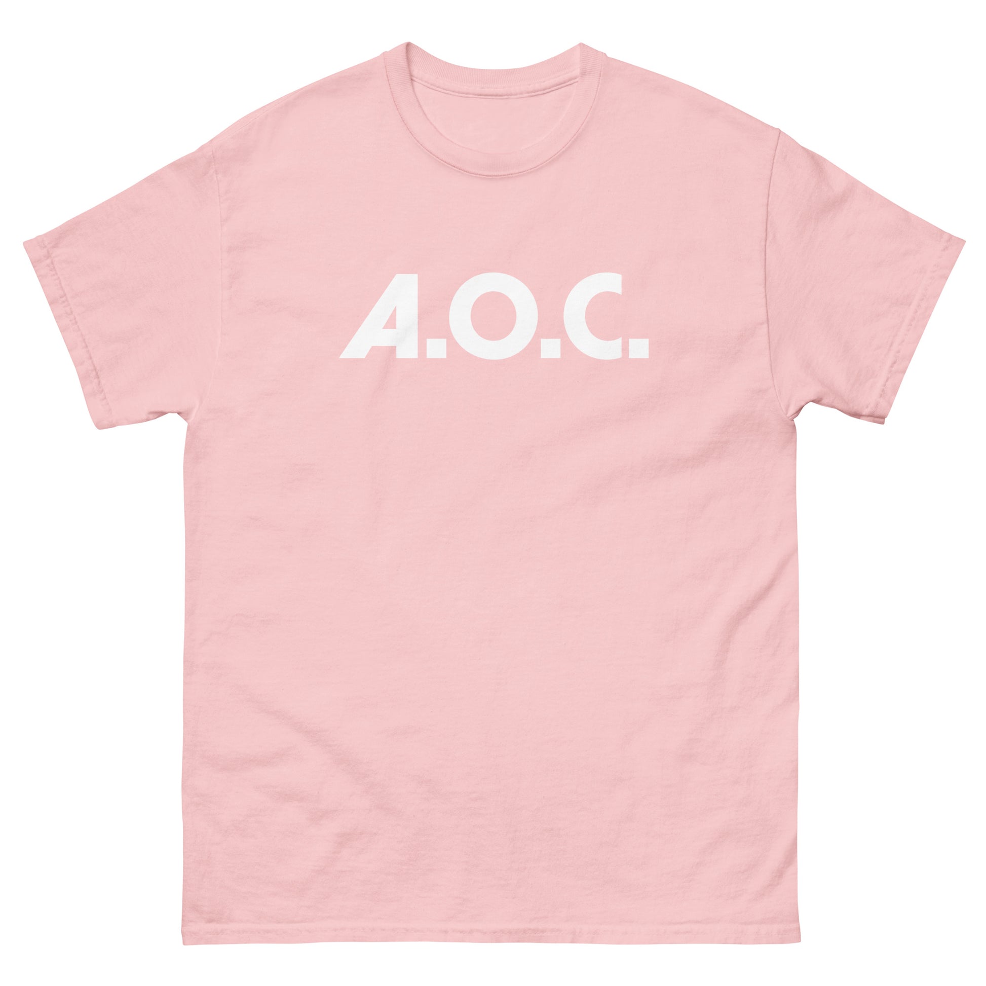 Soft pink unisex classic tee displaying minimalist “A.O.C.” text across chest.