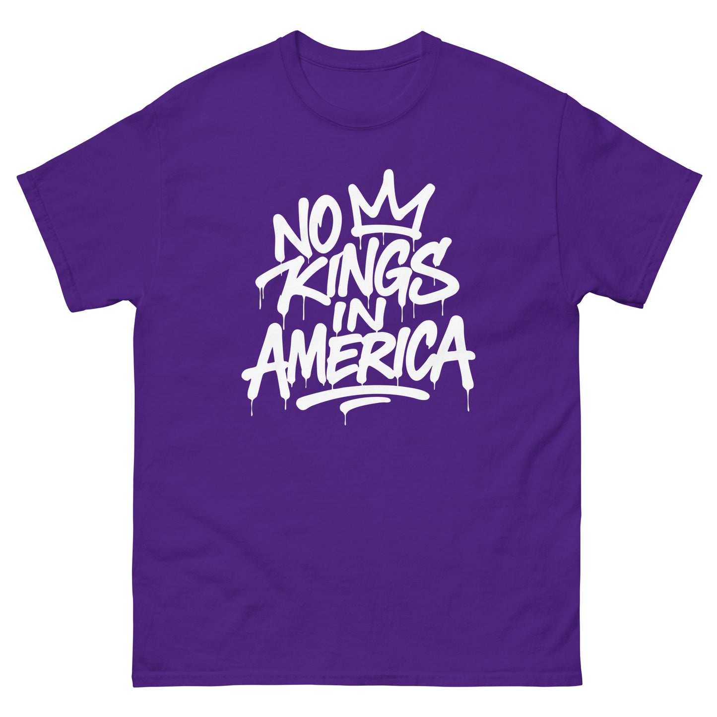Purple unisex classic t-shirt displaying street-art crown illustration and the phrase “NO KINGS IN AMERICA” in bold white lettering.