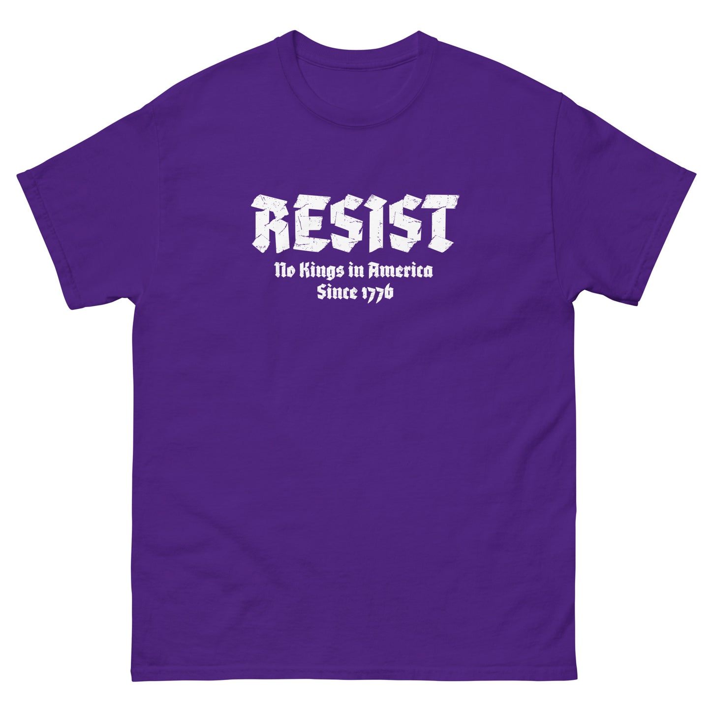 Purple unisex t-shirt featuring bold gothic lettering reading “RESIST” with smaller phrase “No Kings in America Since 1776.”