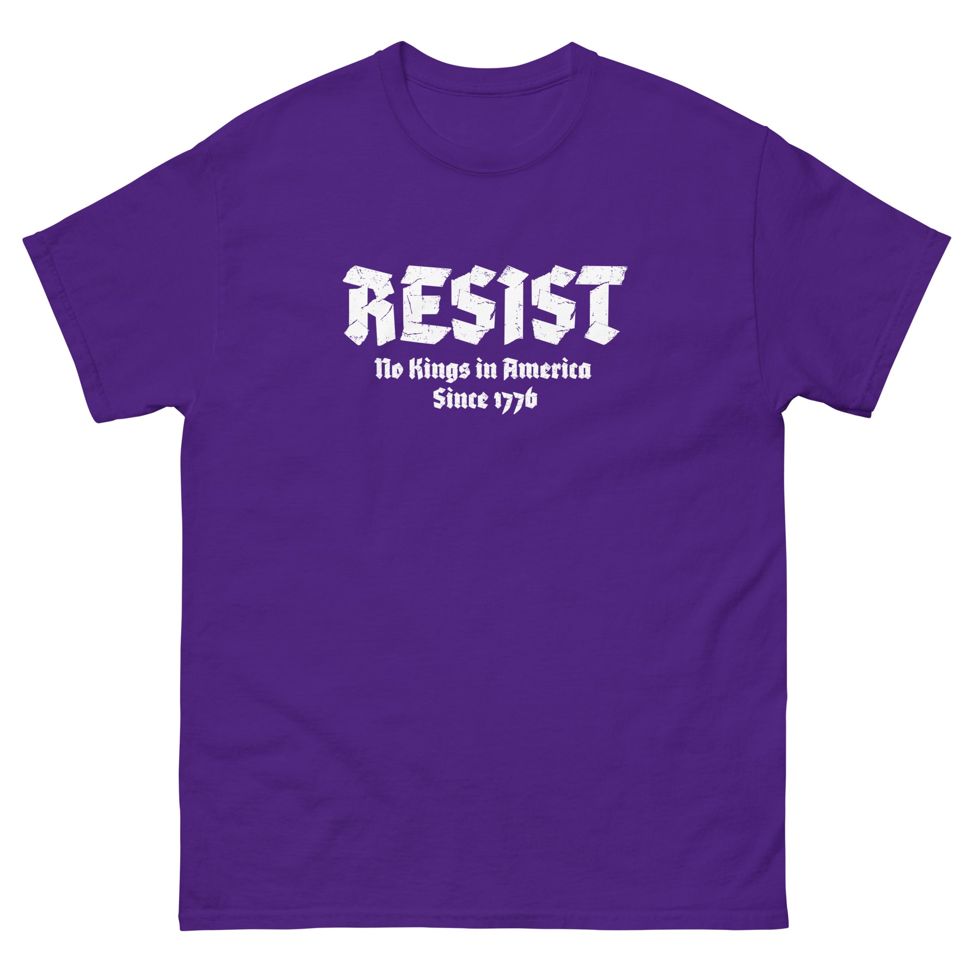 Purple unisex t-shirt featuring bold gothic lettering reading “RESIST” with smaller phrase “No Kings in America Since 1776.”