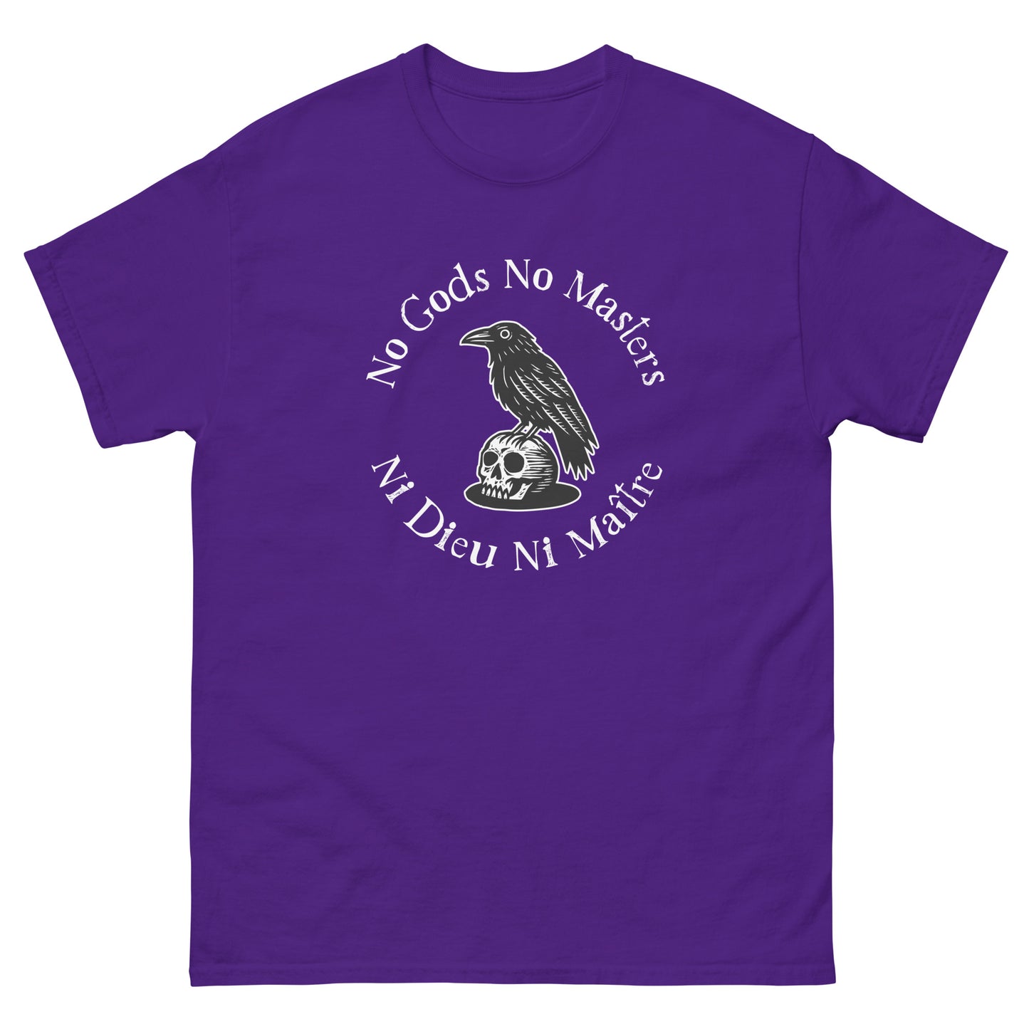 Purple unisex classic tee featuring a raven perched on a skull with circular “No Gods No Masters / Ni Dieu Ni Maître” text in anti-authoritarian activist design.