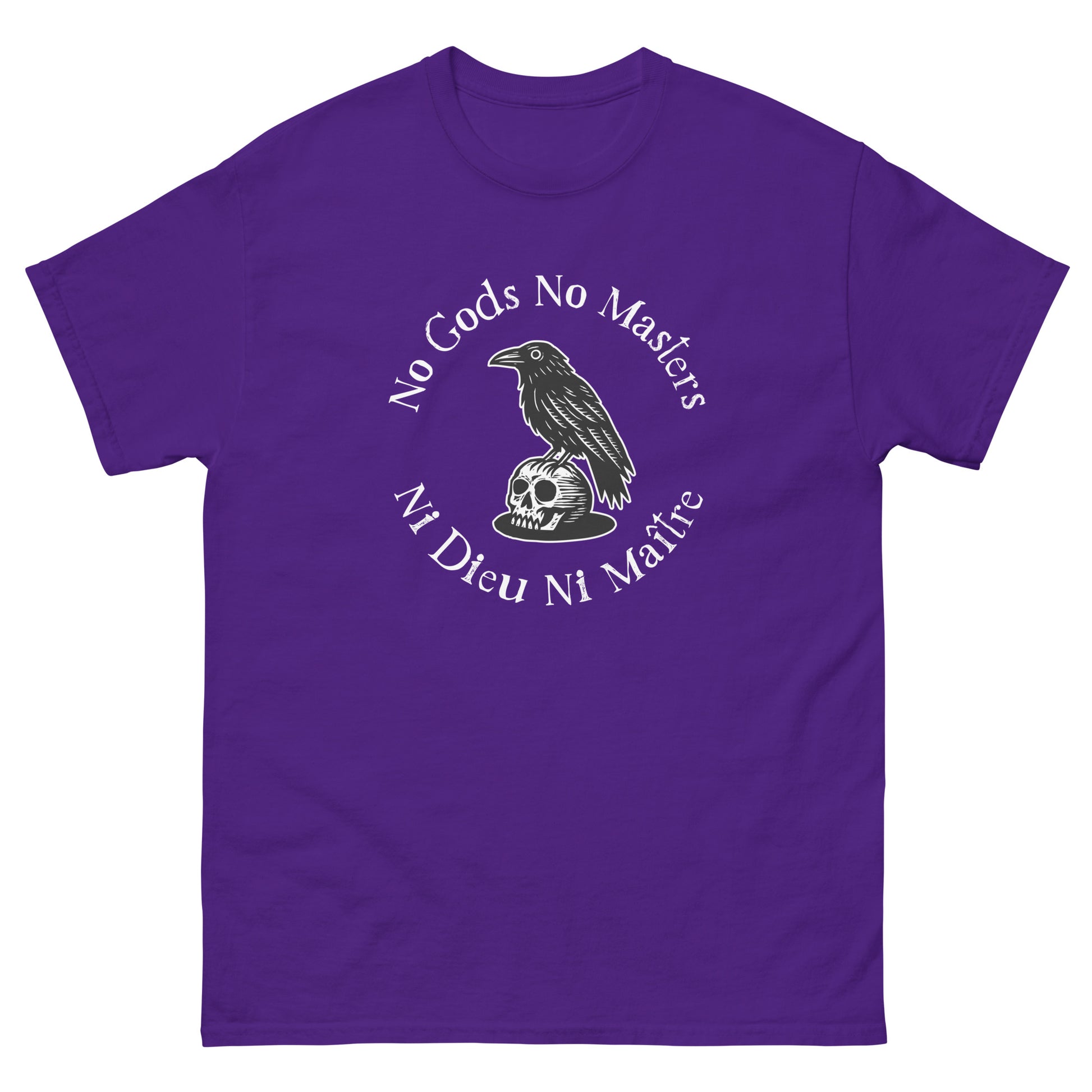 Purple unisex classic tee featuring a raven perched on a skull with circular “No Gods No Masters / Ni Dieu Ni Maître” text in anti-authoritarian activist design.
