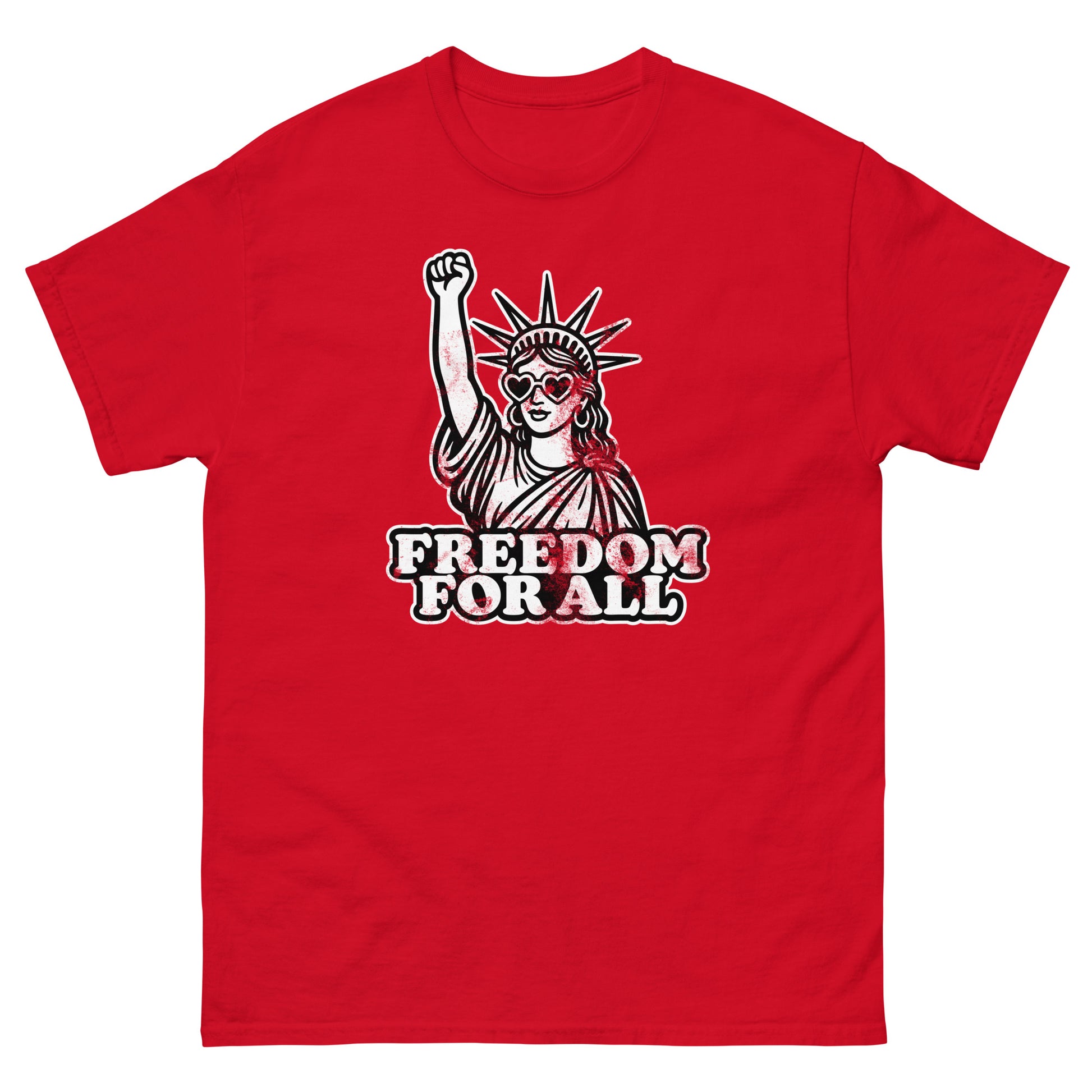 Front View Image: Front view of Freedom For All t-shirt featuring Statue of Liberty with raised fist