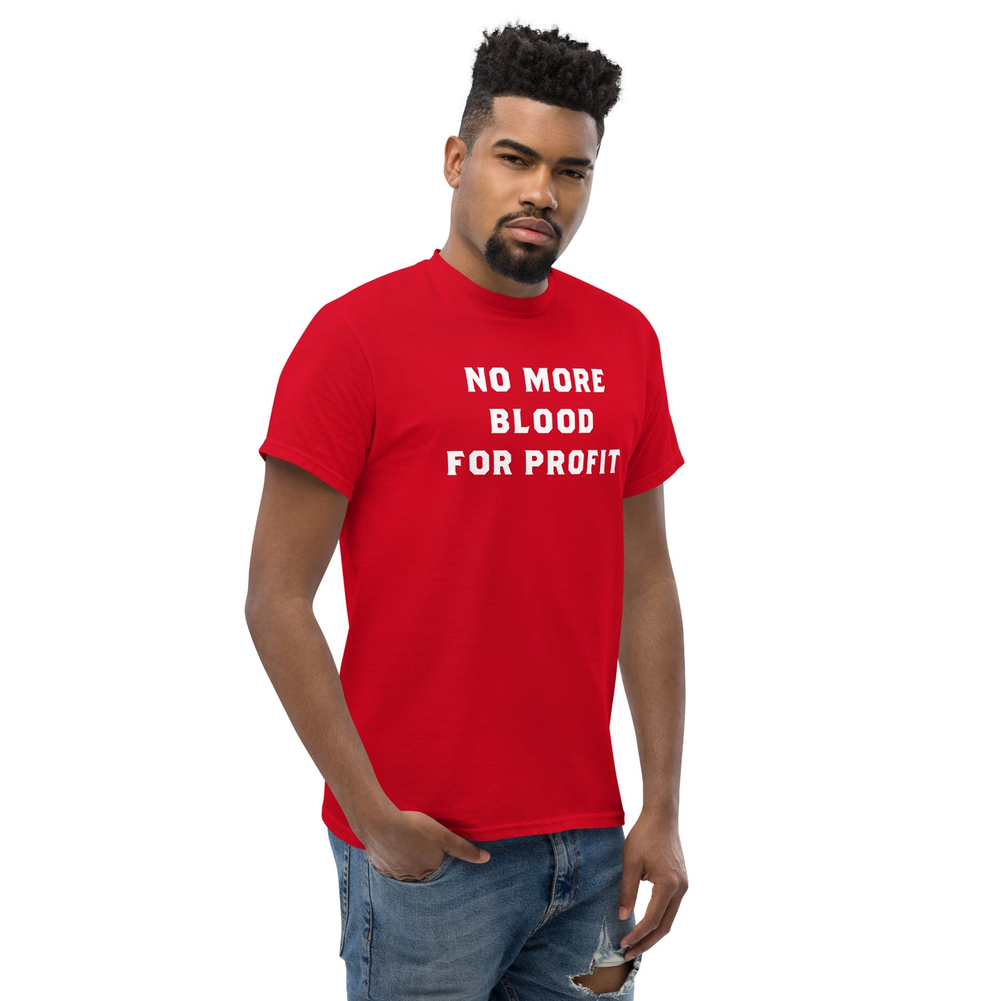 Male activist wearing the No More Blood For Profit | Anti-War Peace Activism Shirt 