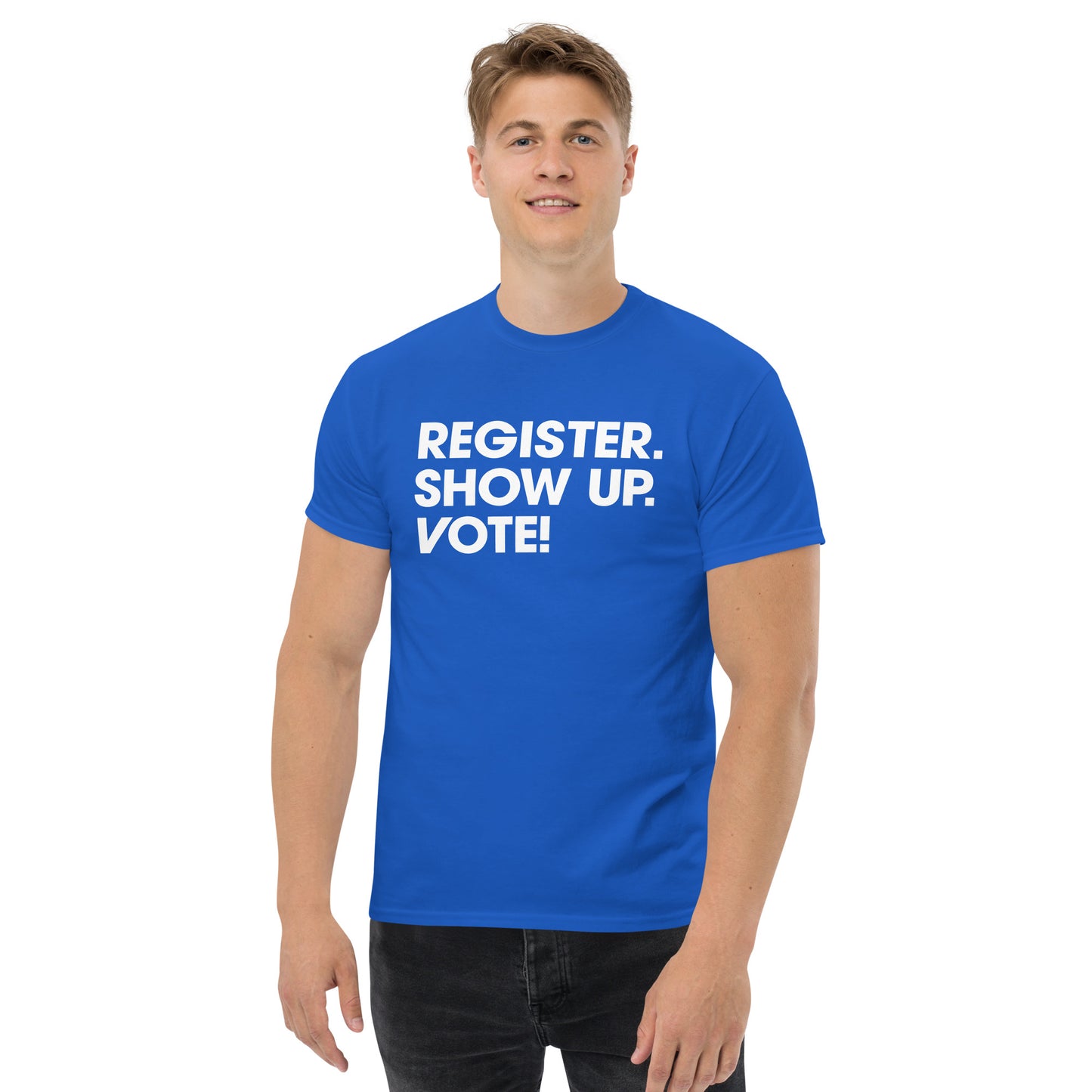 Lifestyle Image: Person wearing the “Register. Show Up. Vote!” shirt 