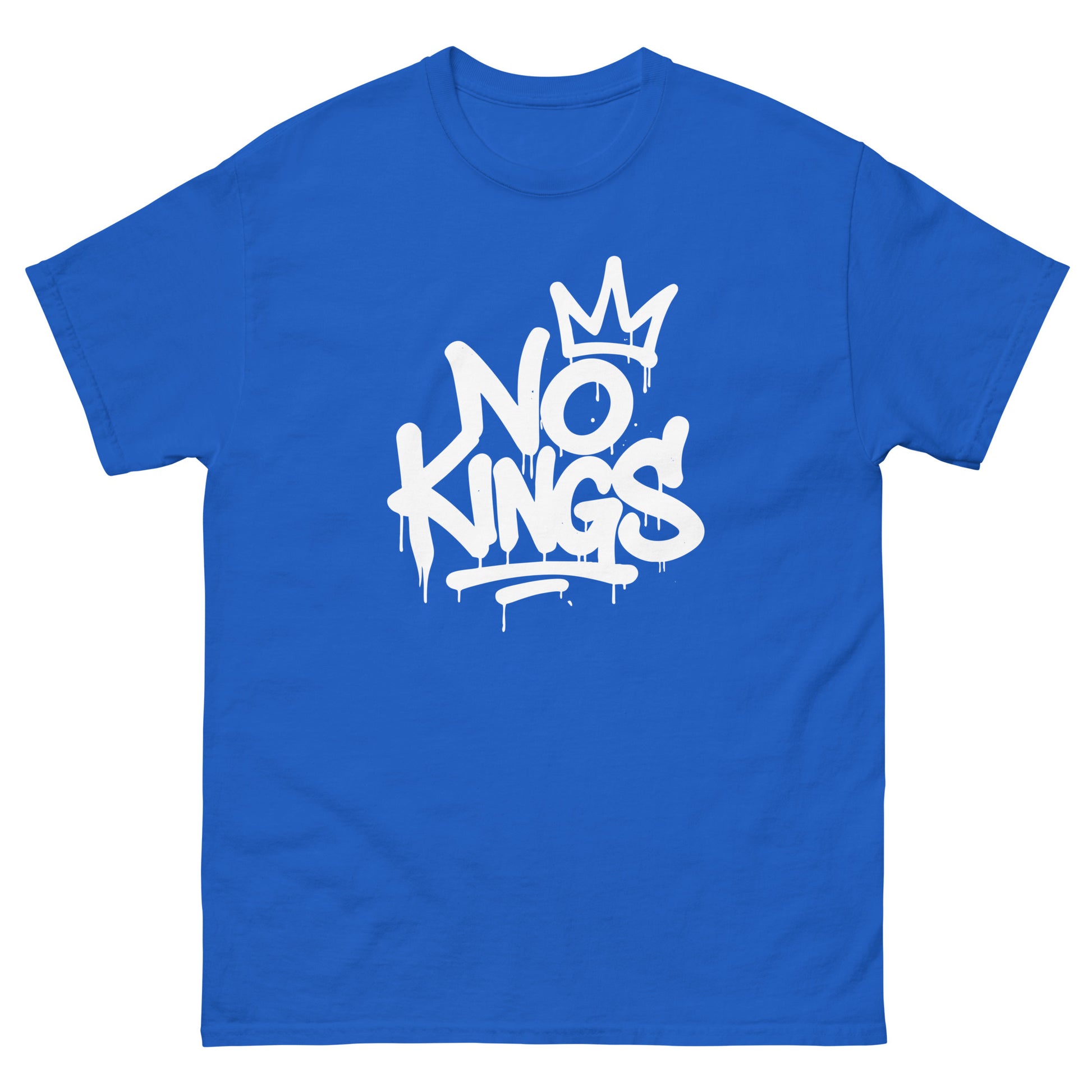 Front View Image: Blue tee with white graffiti-style “No Kings” design and dripping crown