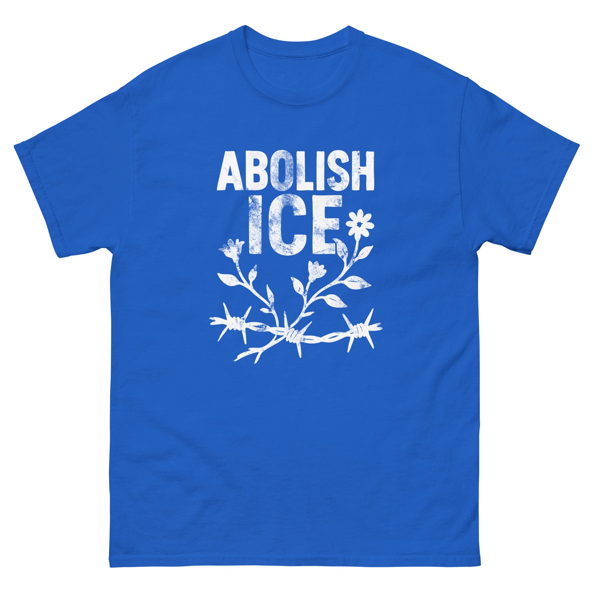 Front View Image: Abolish ICE tee with bold floral barbed wire protest graphic