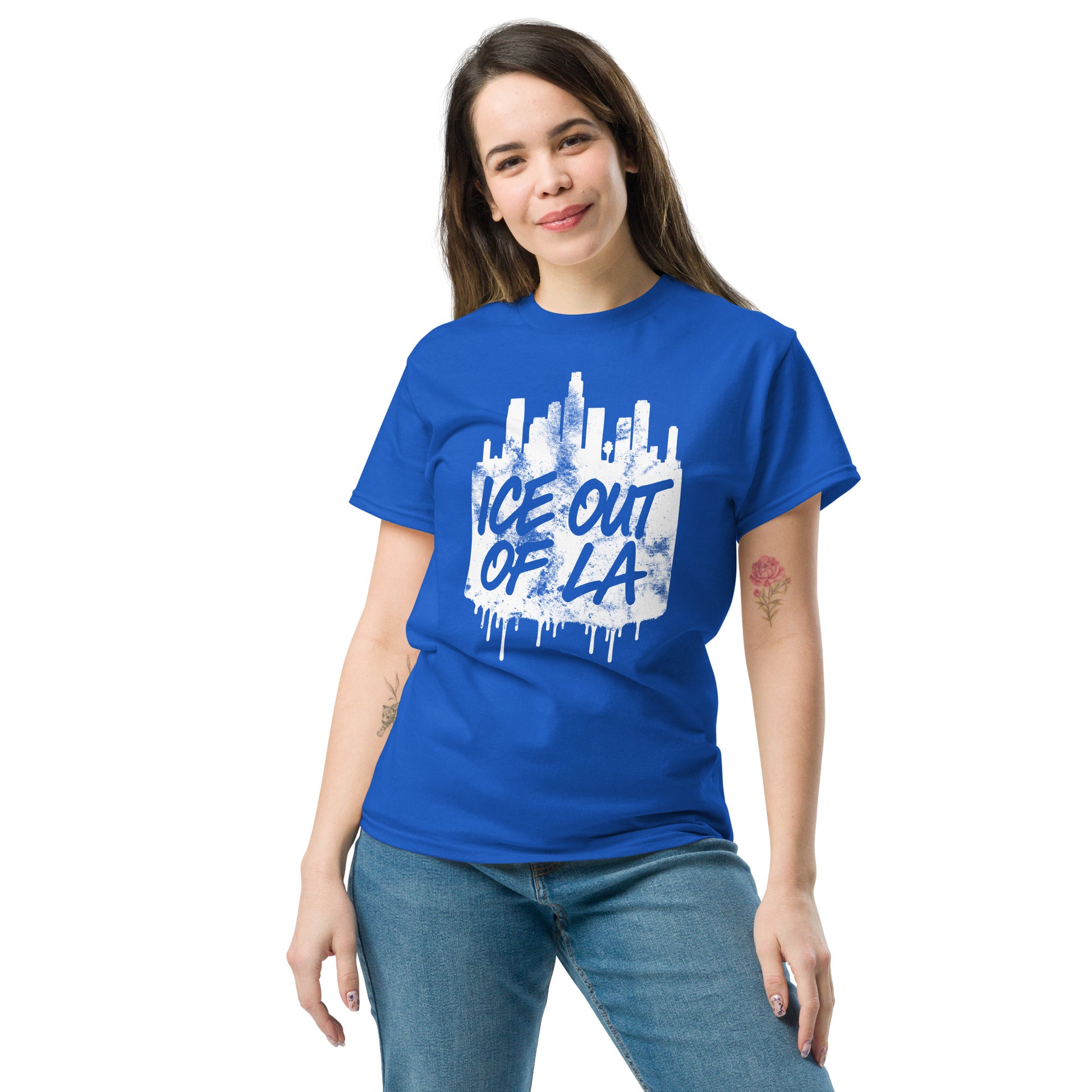 Lifestyle Image: Female Activist wearing ICE OUT OF LA anti-deportation LA streetwear shirt