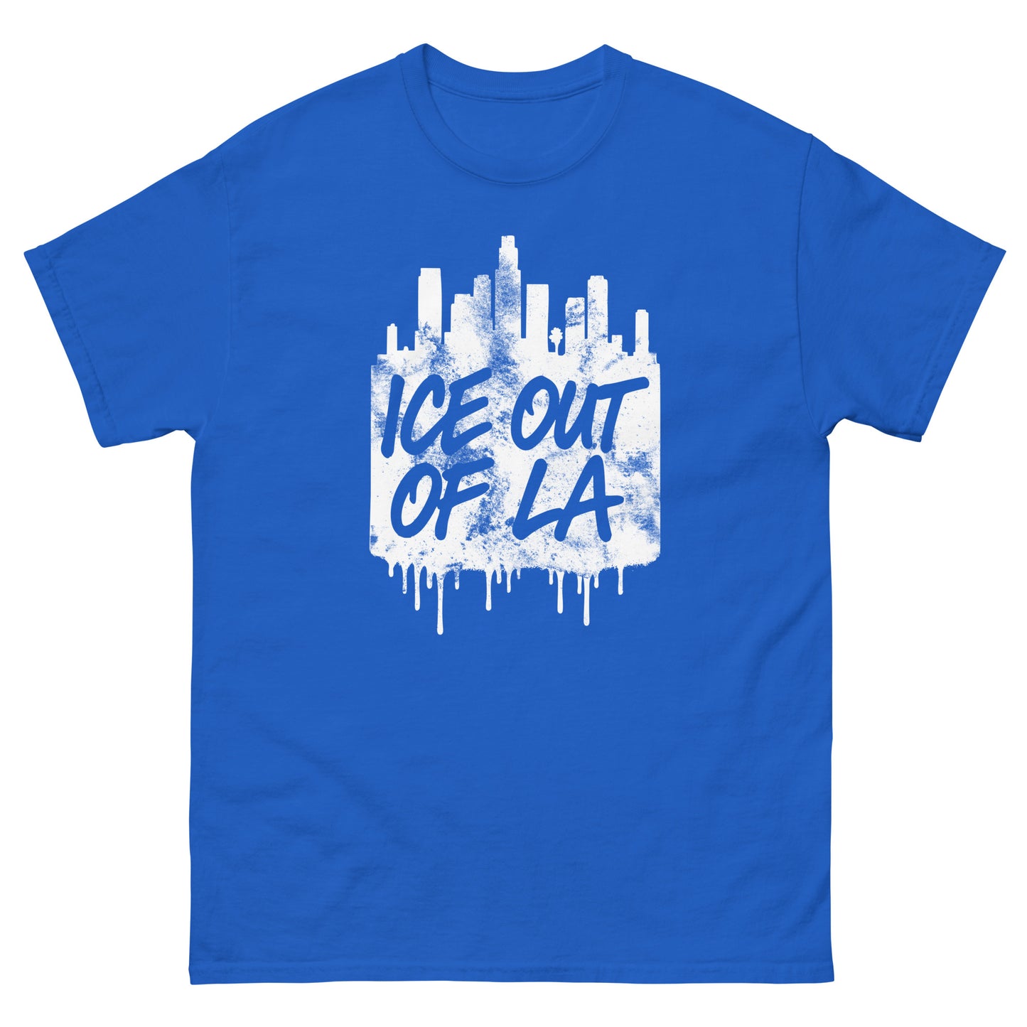 Front View Image: ICE OUT OF LA protest tee with LA skyline and dripping text