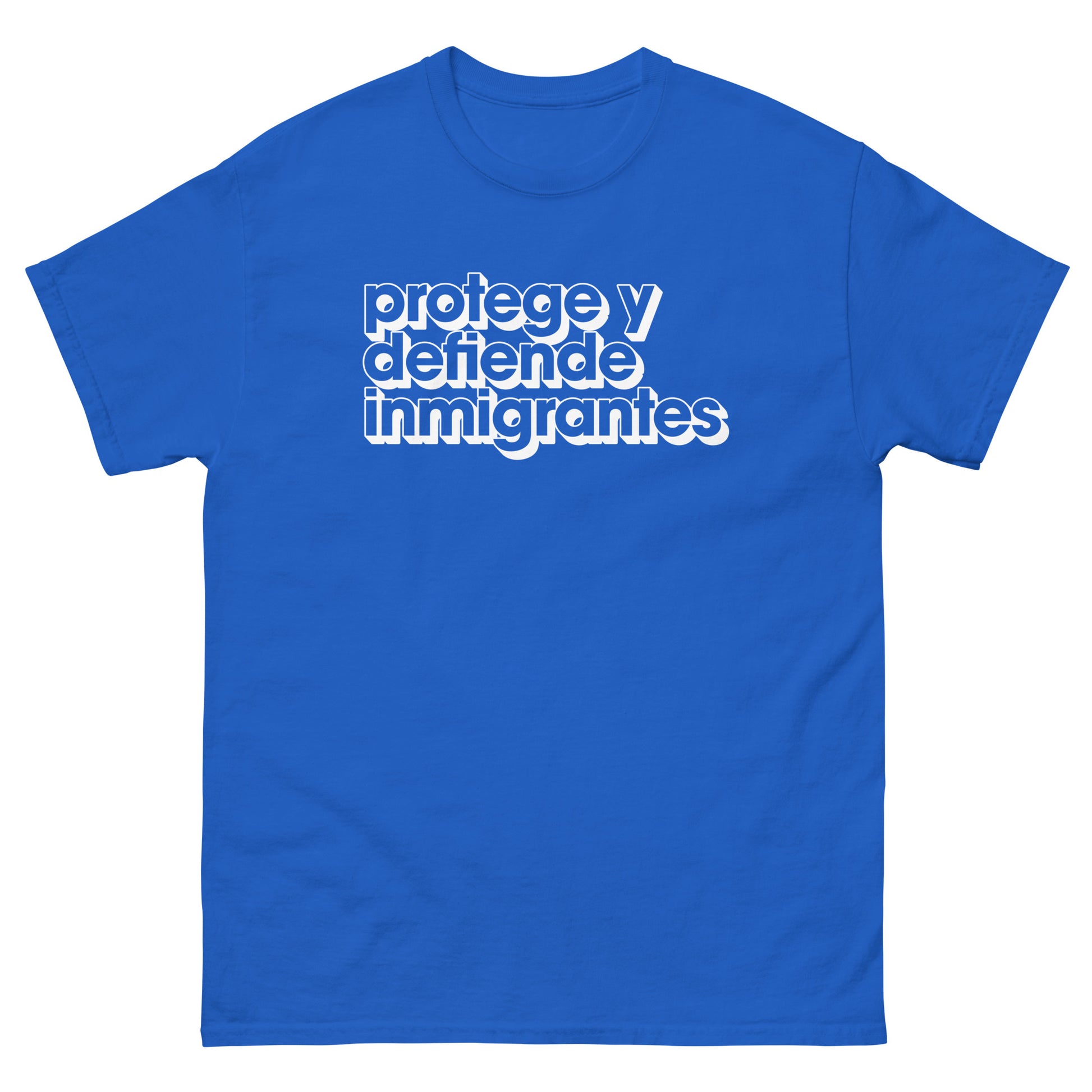 Front View Image: Protege y Defiende Inmigrantes tee with stacked retro text