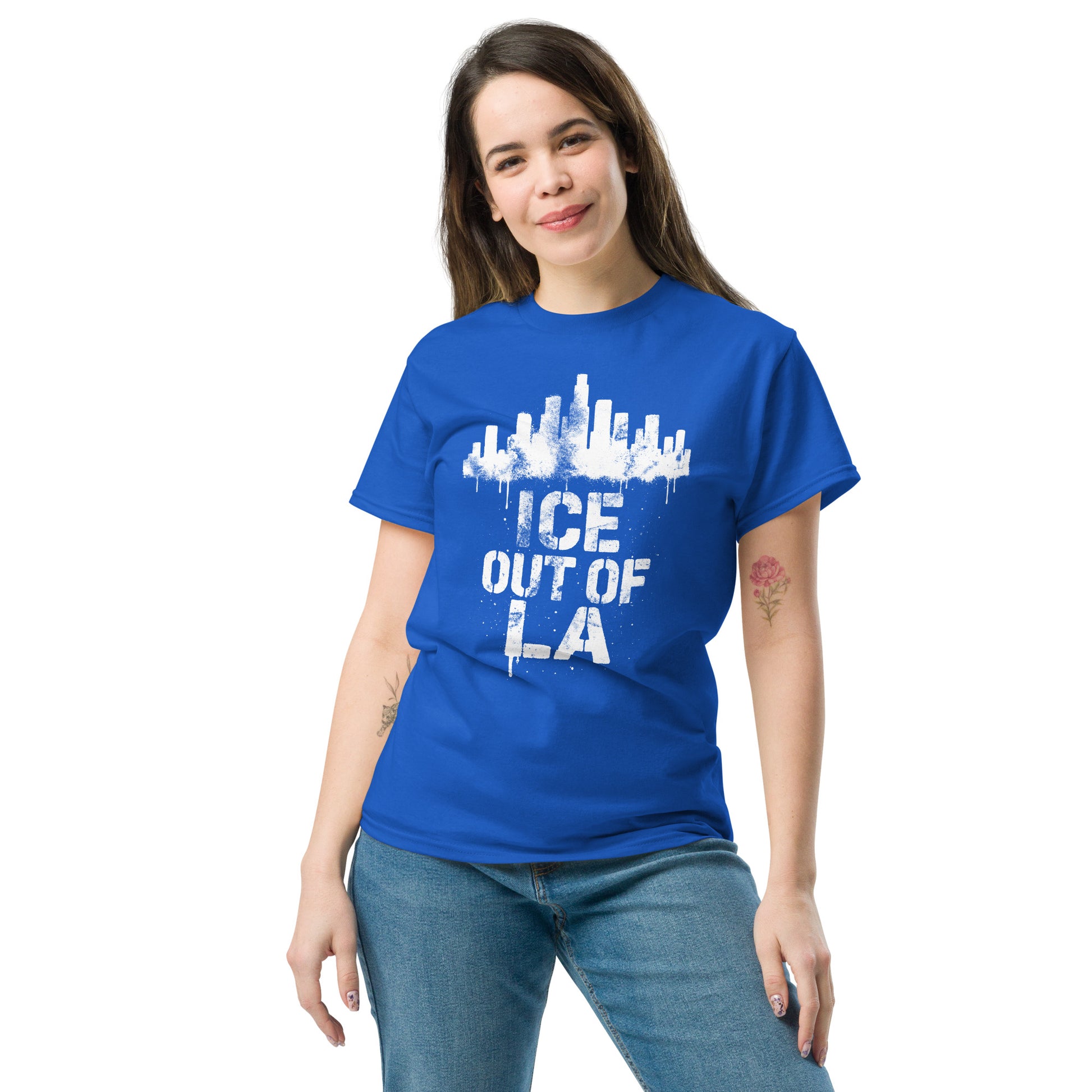Lifestyle Image: Female Activist wearing ICE OUT OF LA urban resistance protest shirt
