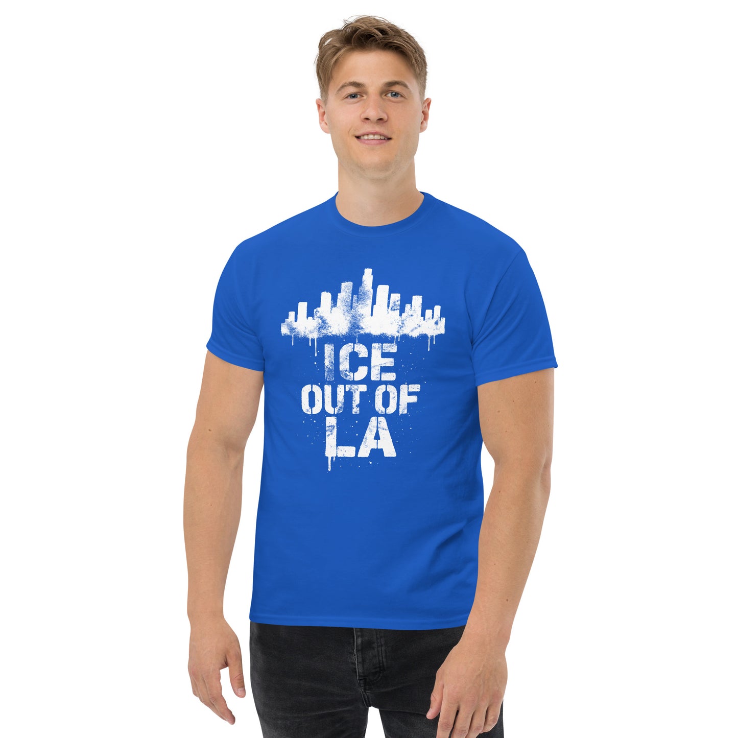 Lifestyle Image: Male Activist wearing ICE OUT OF LA urban resistance protest shirt
