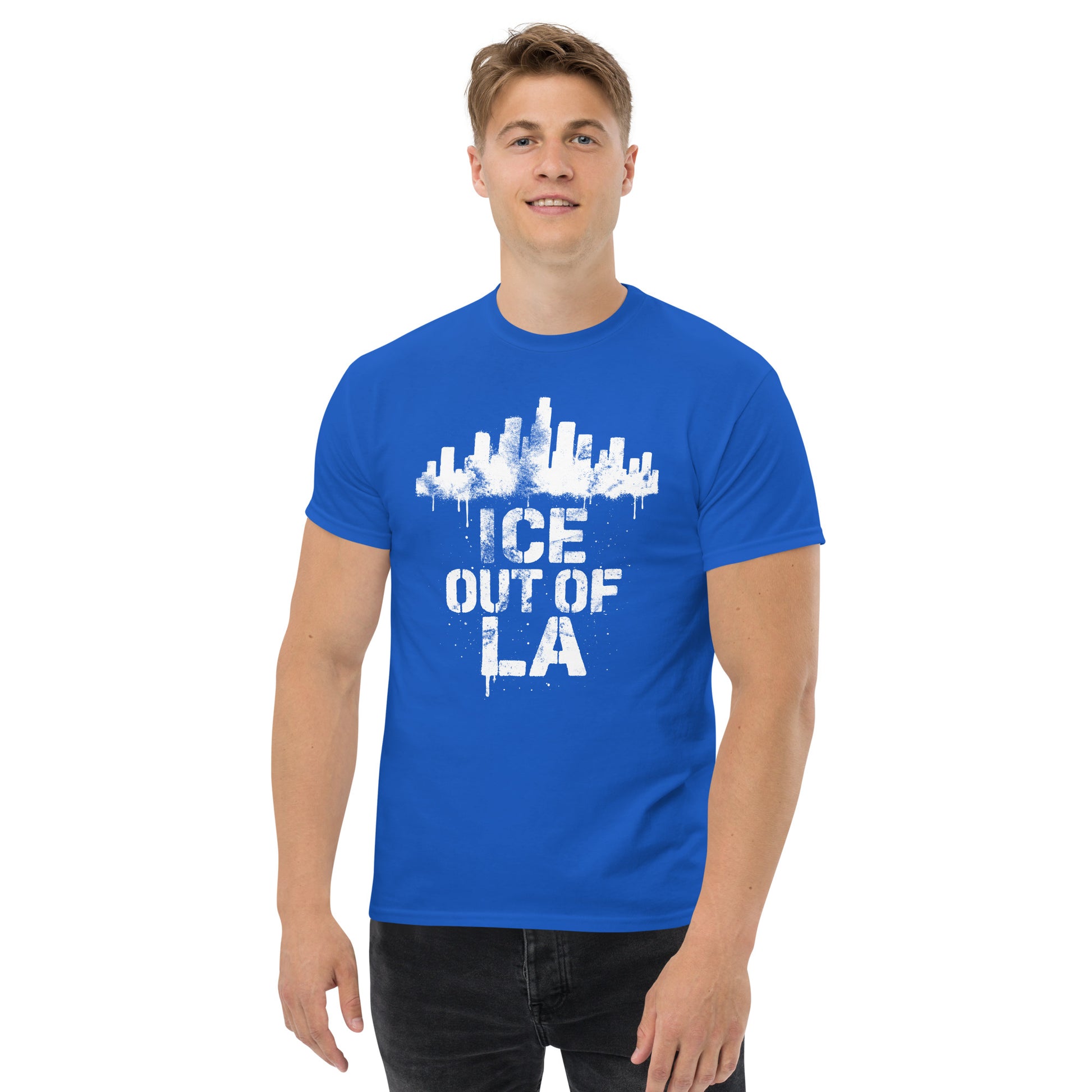 Lifestyle Image: Male Activist wearing ICE OUT OF LA urban resistance protest shirt