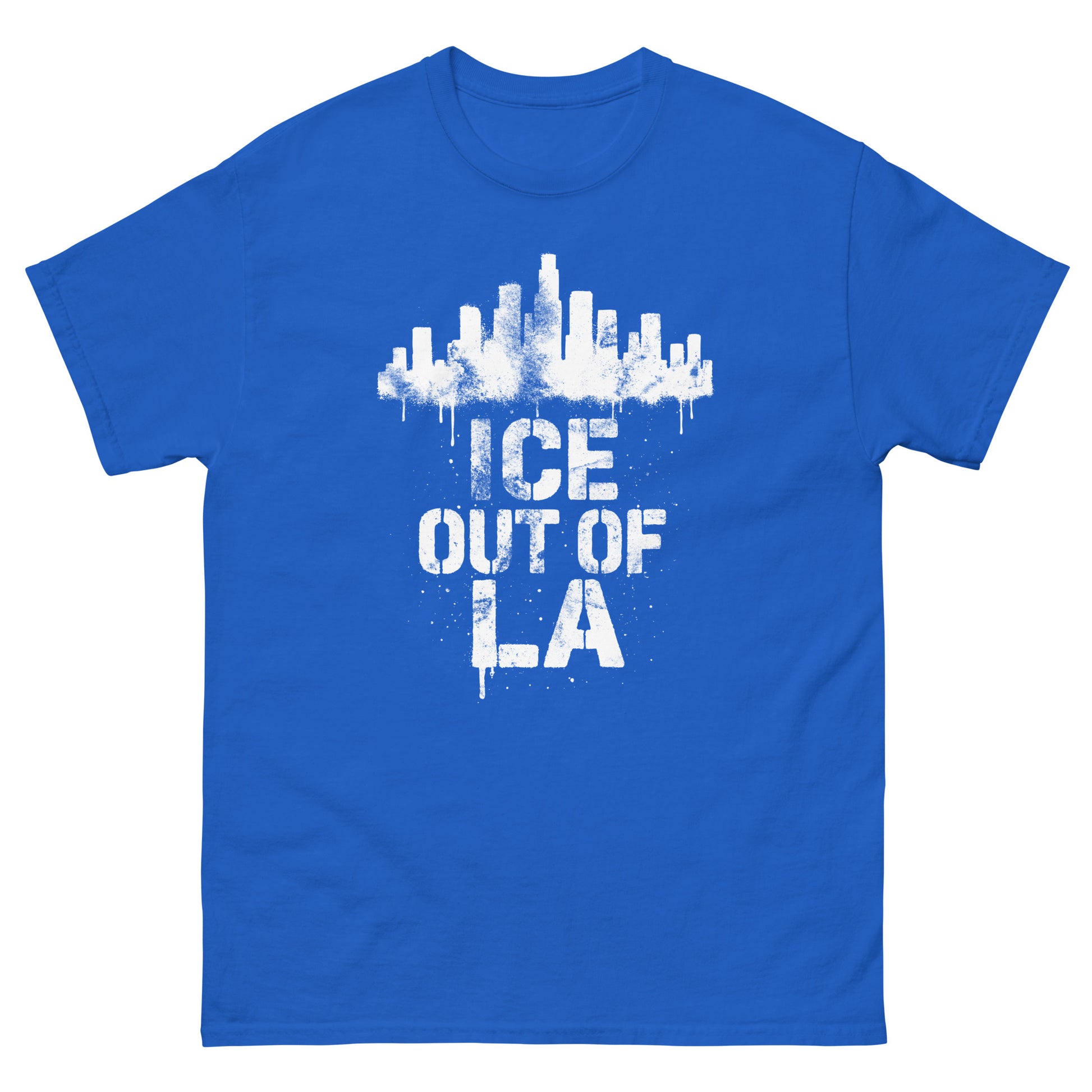 Front View Image: ICE OUT OF LA tee with spray-painted Los Angeles skyline and protest text