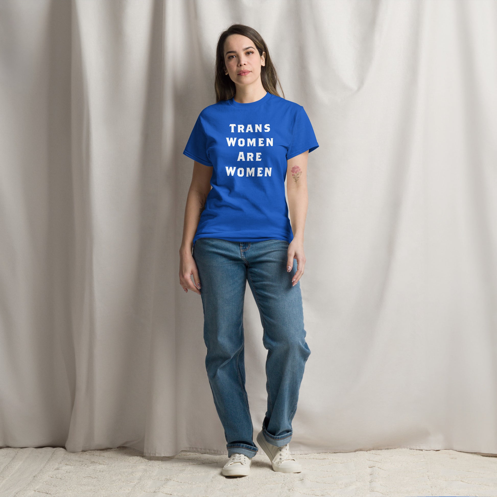 Trans rights female activist wearing the Trans Women Are Women | Transgender Rights Unisex Tee