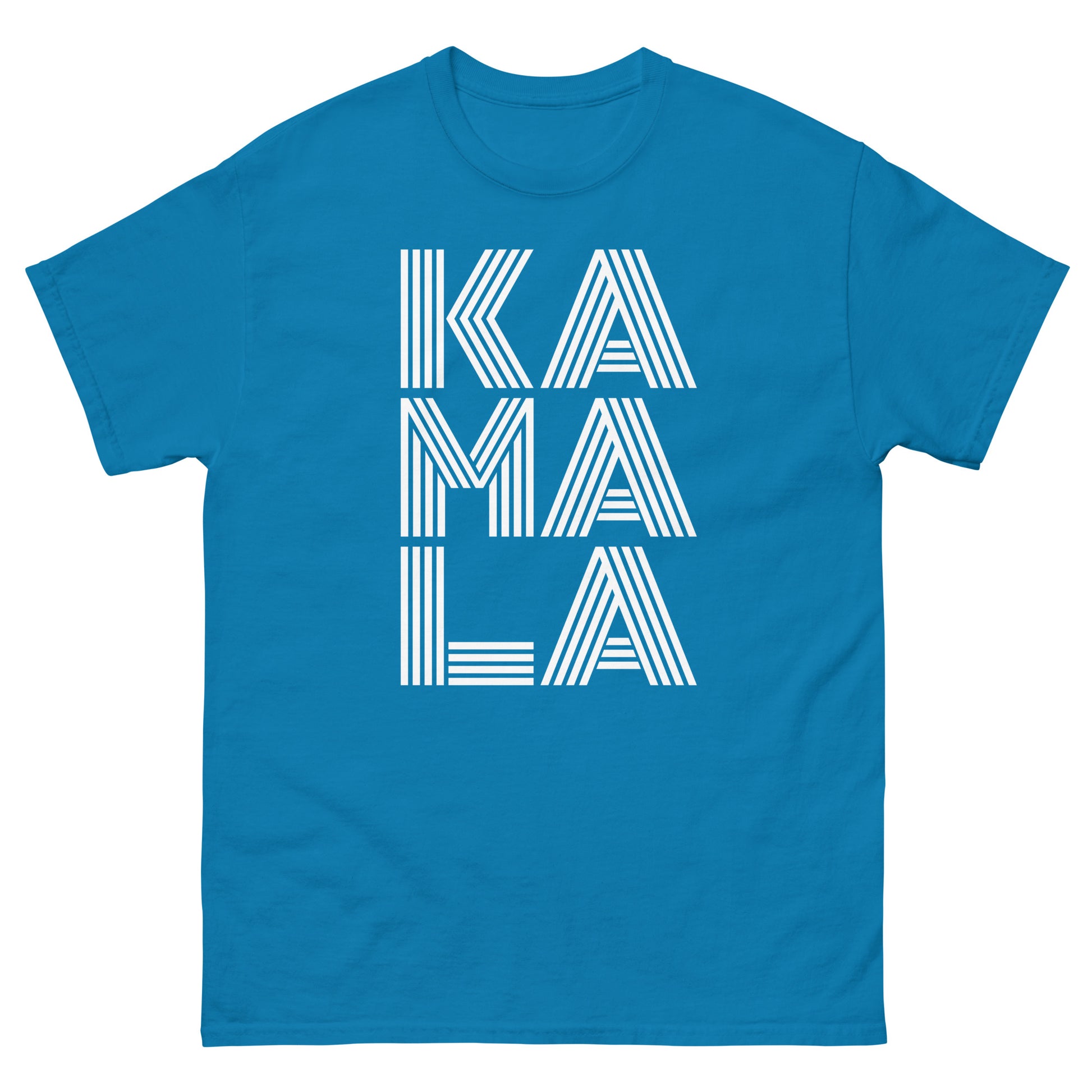 Sapphire unisex t-shirt showcasing centered “KAMALA” wordmark in layered line-style font, modern campaign-inspired look.