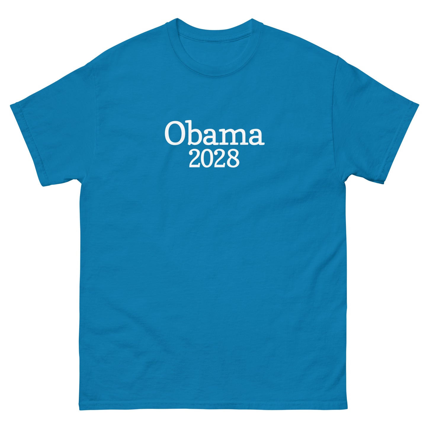 Teal unisex t-shirt showcasing centered “Obama 2028” wordmark in crisp white type.
