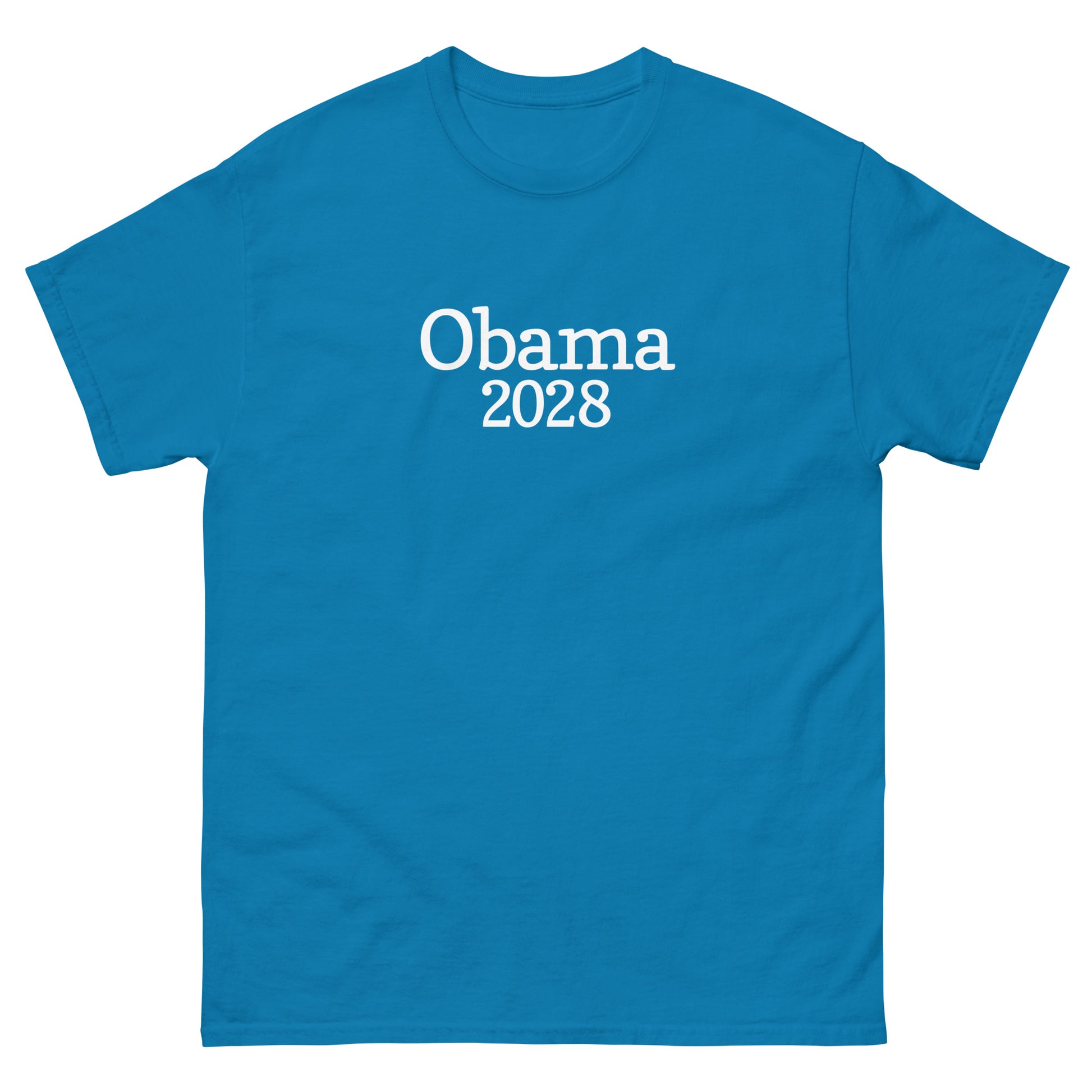 Teal unisex t-shirt showcasing centered “Obama 2028” wordmark in crisp white type.