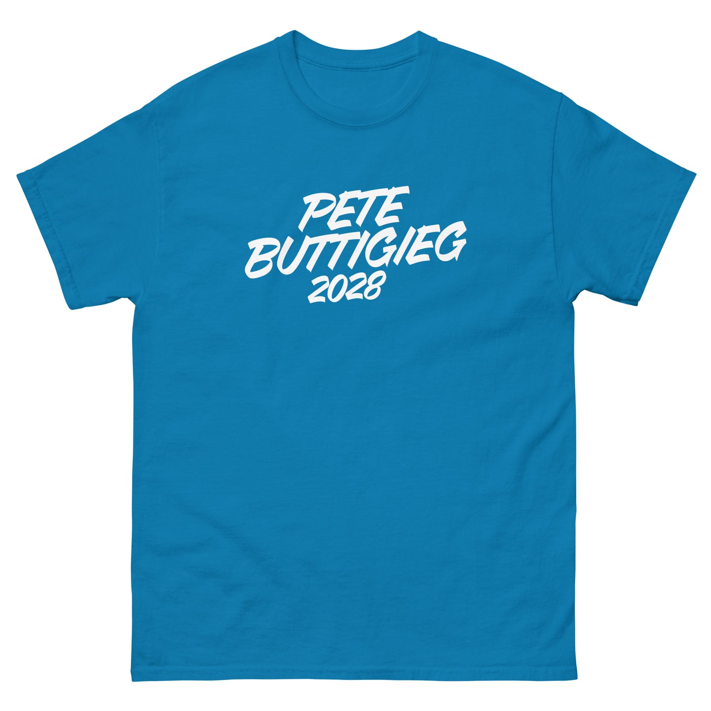 Teal unisex t-shirt showcasing bold “PETE BUTTIGIEG 2028” typography in white brush-style font.