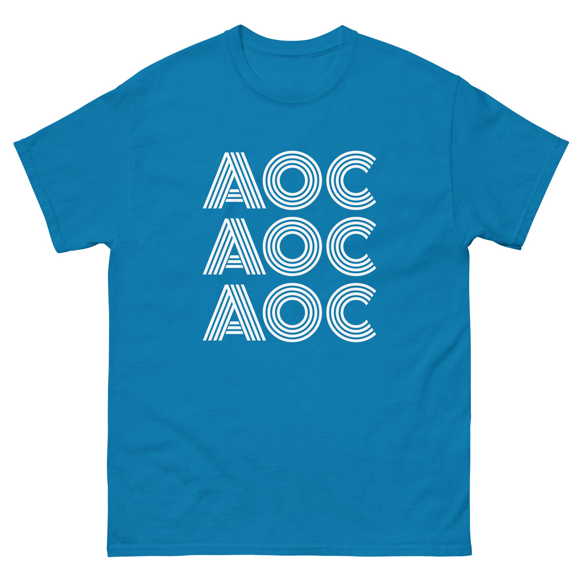 Teal unisex t-shirt showcasing centered stacked “AOC” wordmark repeated three times in clean line-style font.