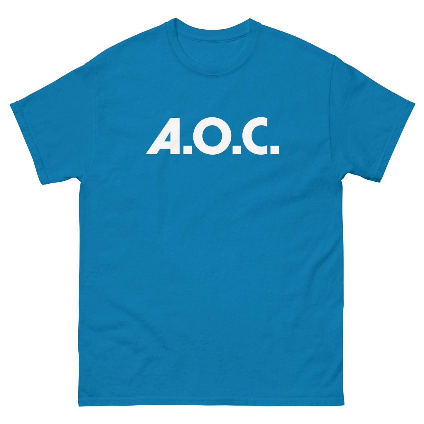 Teal unisex t-shirt showcasing minimalist “A.O.C.” text design printed across chest.