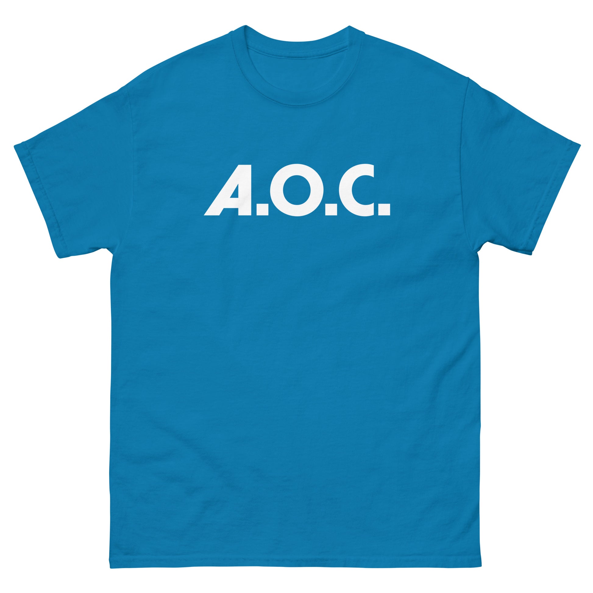 Teal unisex t-shirt showcasing minimalist “A.O.C.” text design printed across chest.