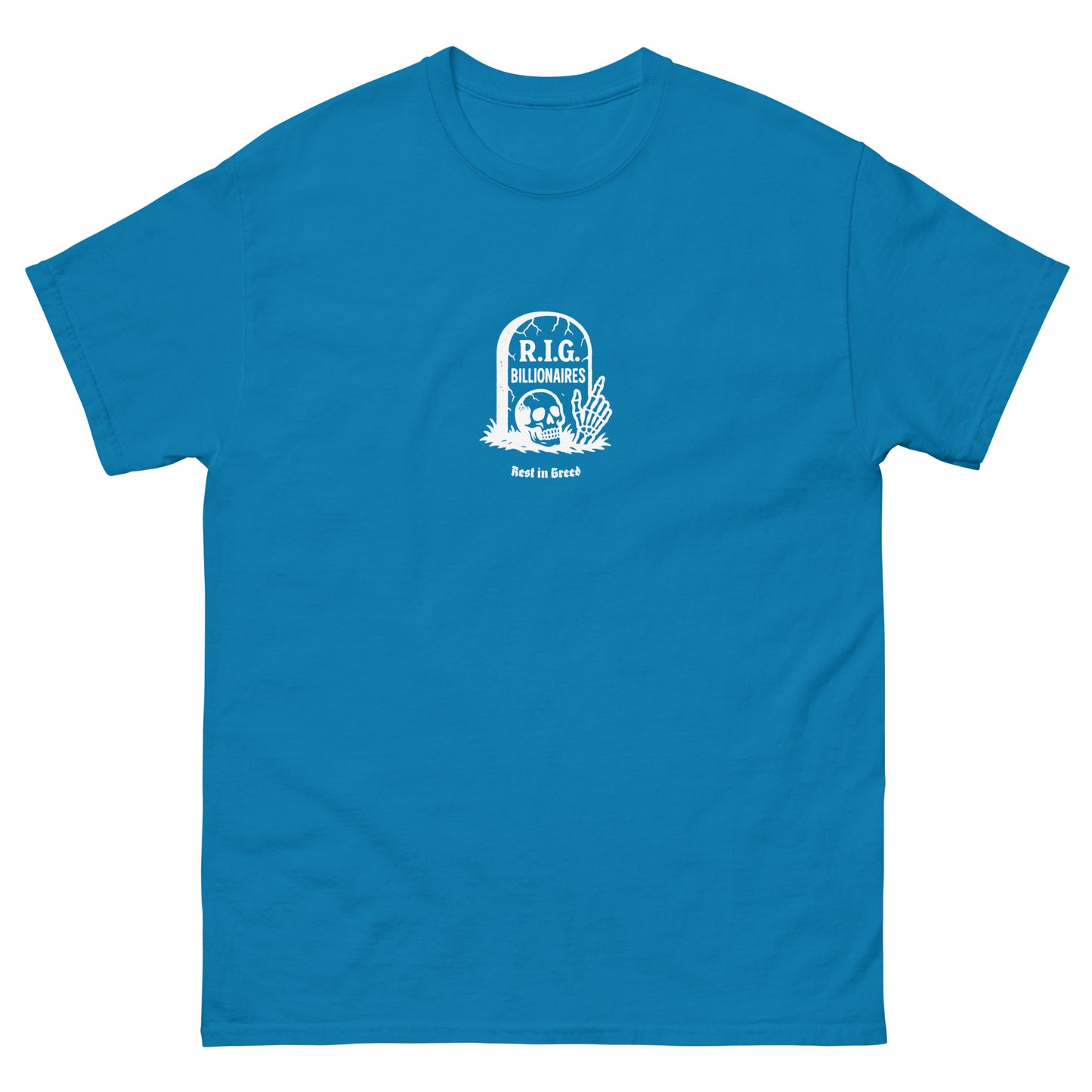 Sapphire t-shirt featuring a minimalist anti-capitalist chest print with a “R.I.G.” tombstone graphic and satirical “Rest in Greed” slogan.