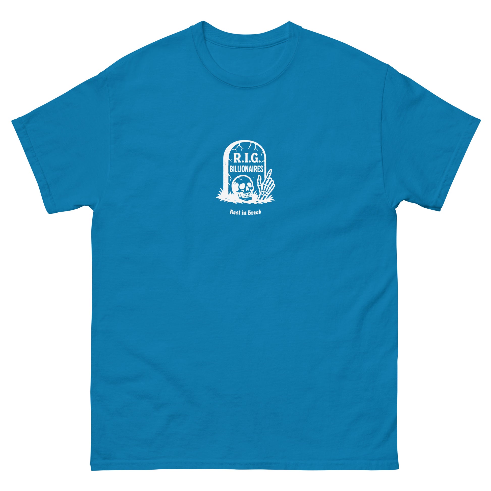 Sapphire t-shirt featuring a minimalist anti-capitalist chest print with a “R.I.G.” tombstone graphic and satirical “Rest in Greed” slogan.