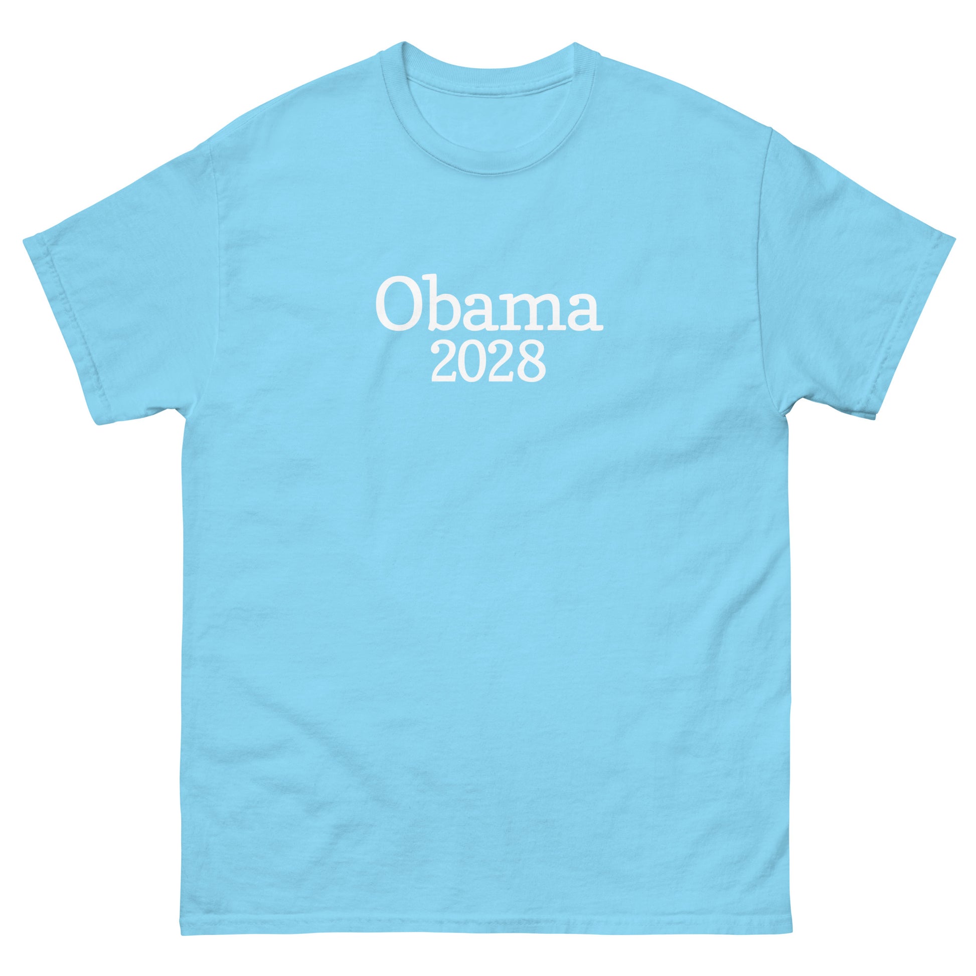 Light blue unisex t-shirt featuring minimalist “Obama 2028” typography in white serif lettering.