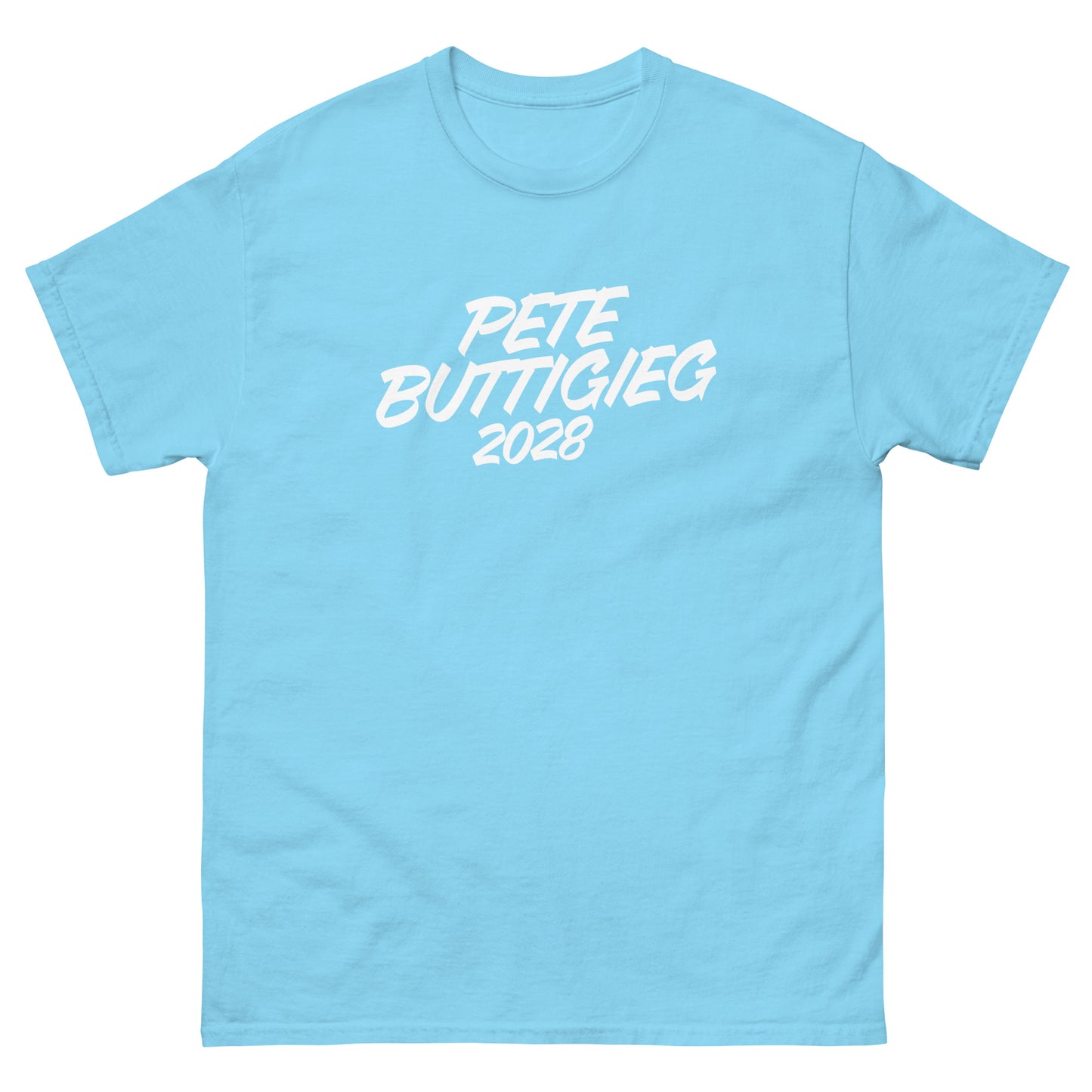 Light blue unisex t-shirt featuring centered “PETE BUTTIGIEG 2028” wordmark in modern handwritten-style font.