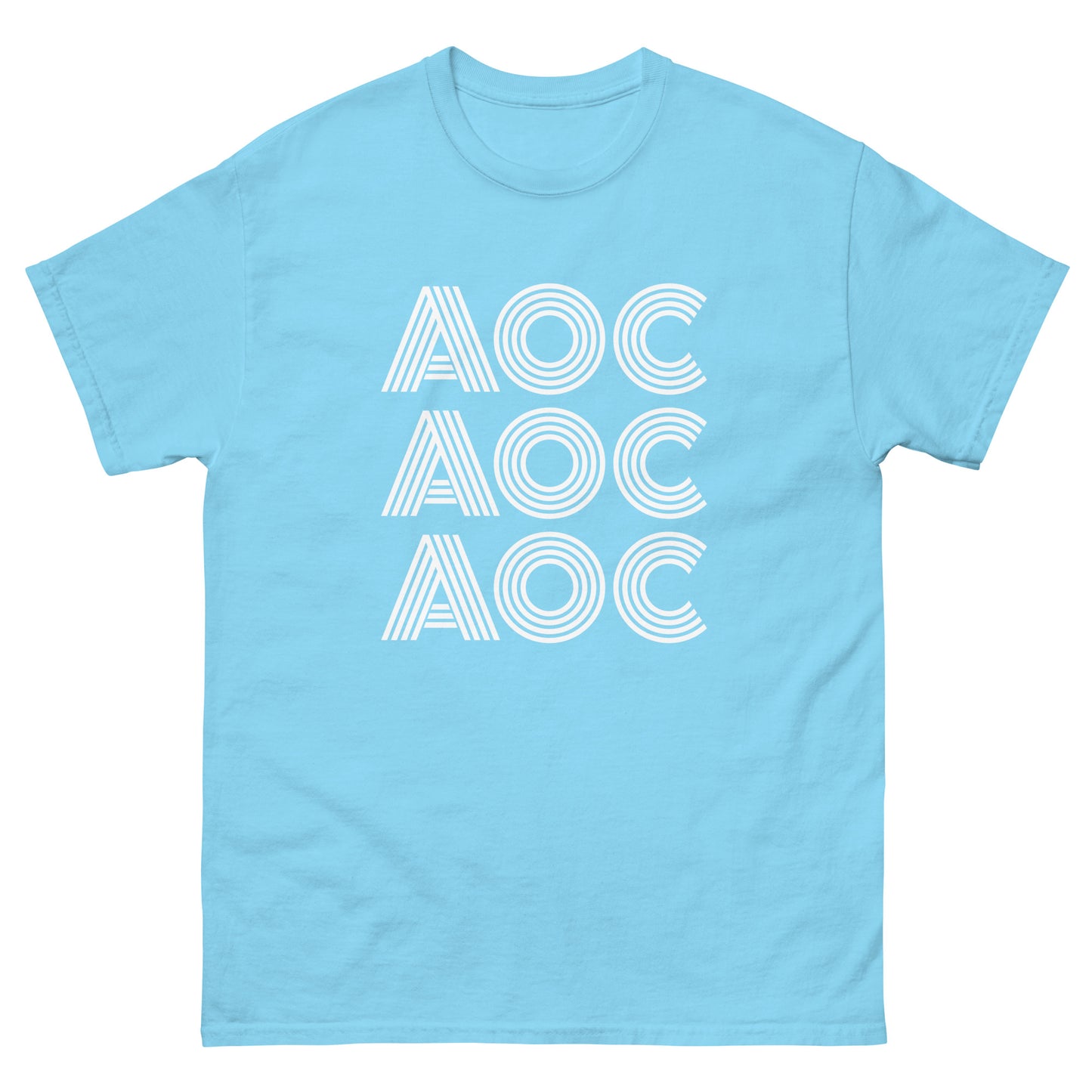 Light blue unisex t-shirt featuring repeated “AOC” text arranged vertically in striped white font.