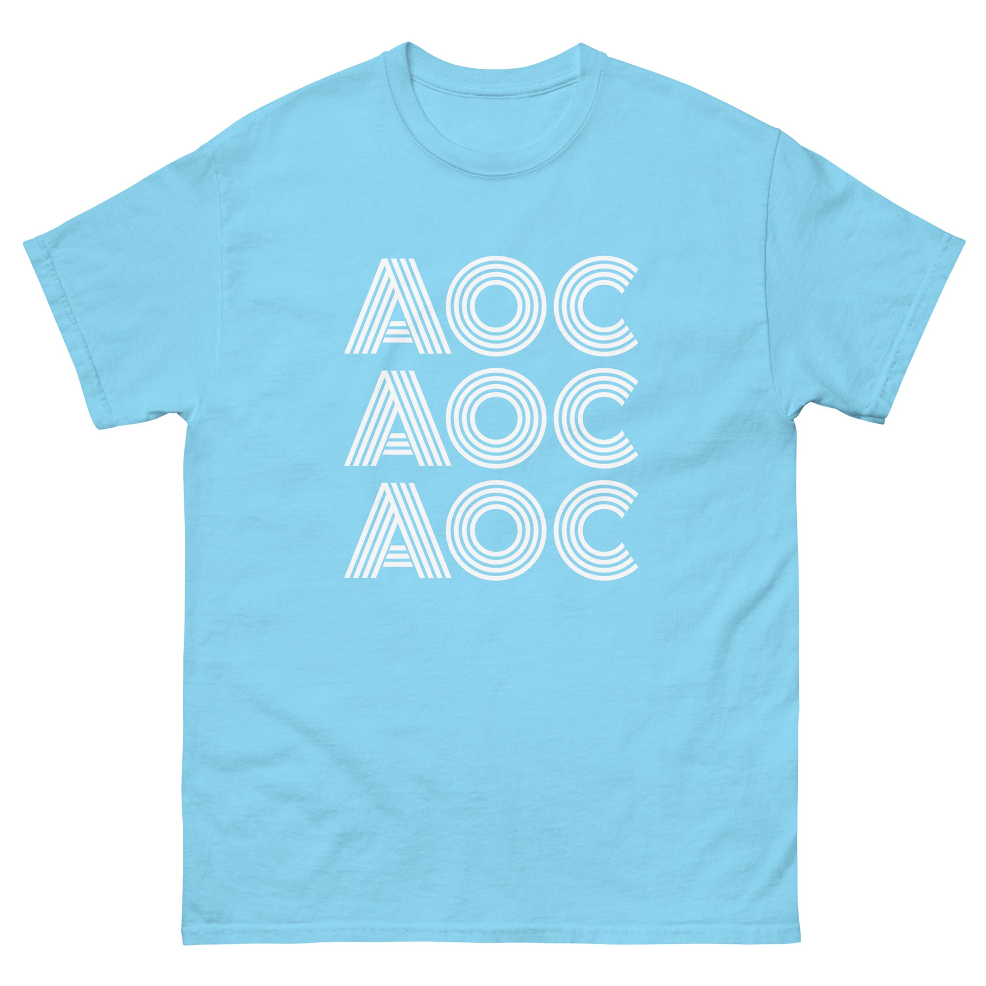 Light blue unisex t-shirt featuring repeated “AOC” text arranged vertically in striped white font.