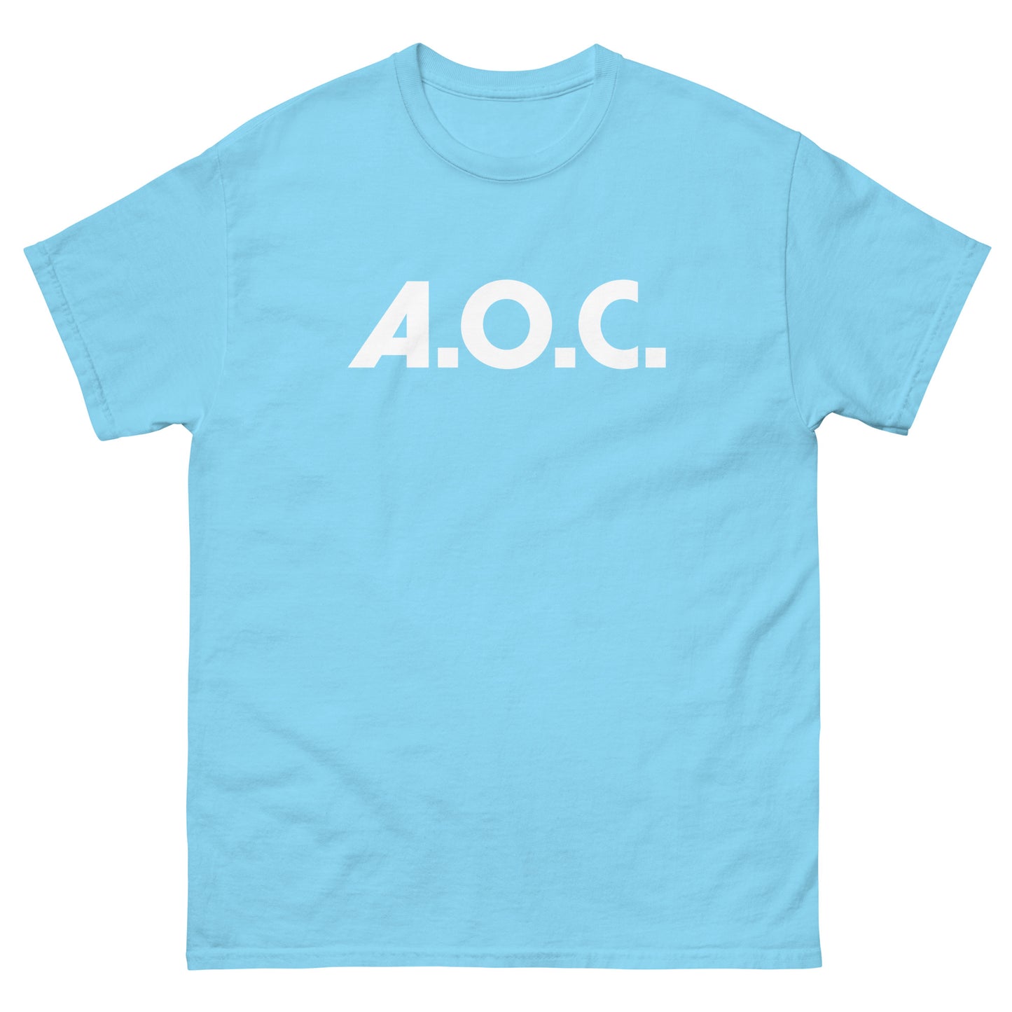 Light blue unisex t-shirt featuring simple “A.O.C.” wordmark in crisp white font.