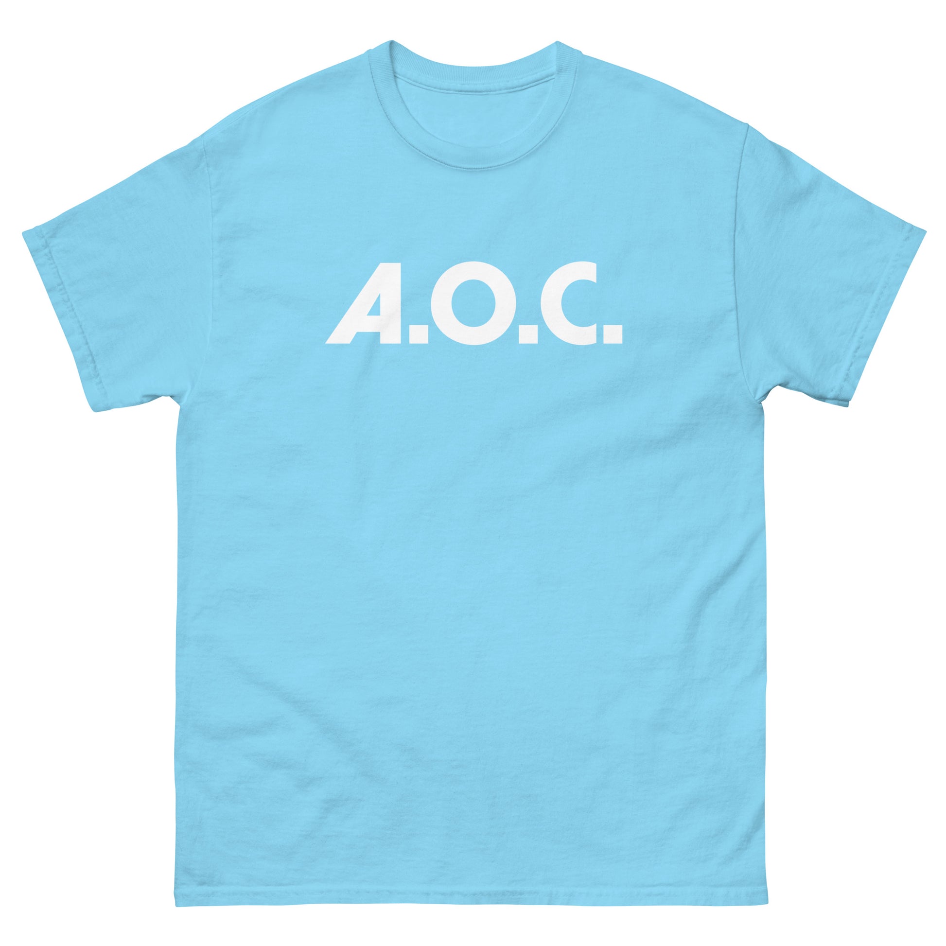 Light blue unisex t-shirt featuring simple “A.O.C.” wordmark in crisp white font.
