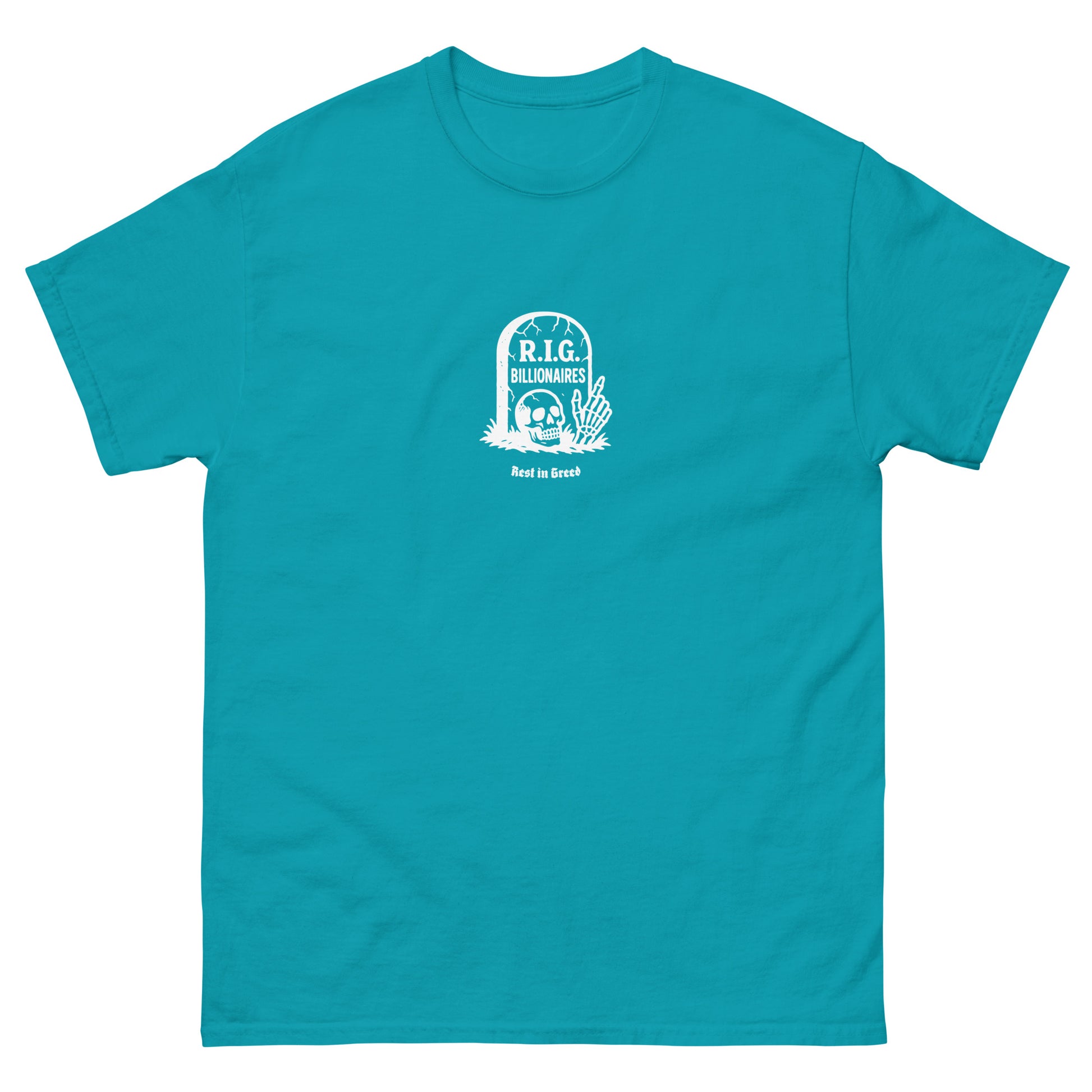 Tropical blue unisex t-shirt displaying a small “Rest in Greed” graphic with a vintage tombstone illustration critiquing billionaire excess and corporate power.