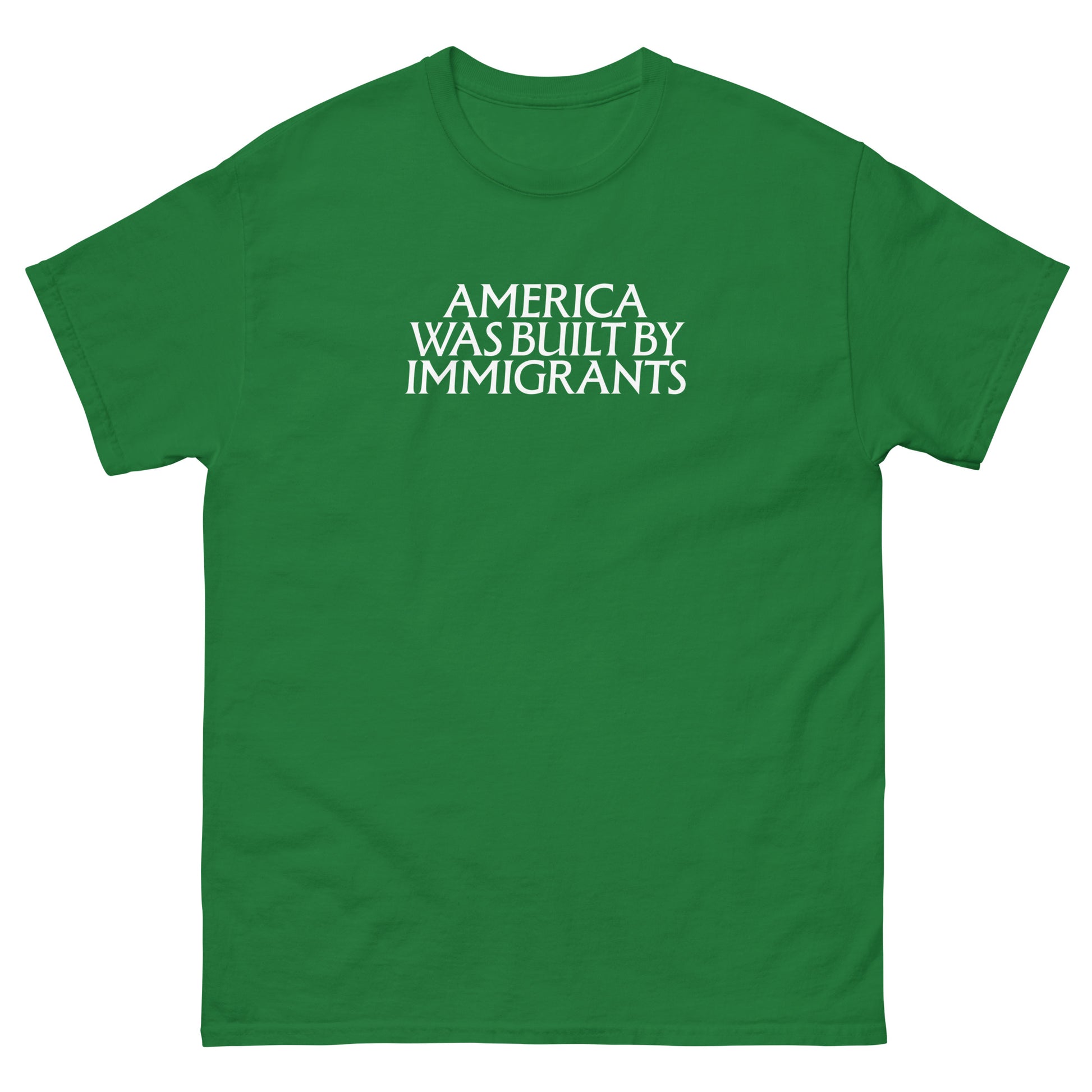 Bright green unisex embroidered t-shirt with centered chest lettering in white thread, simple typographic political statement on a classic crewneck.