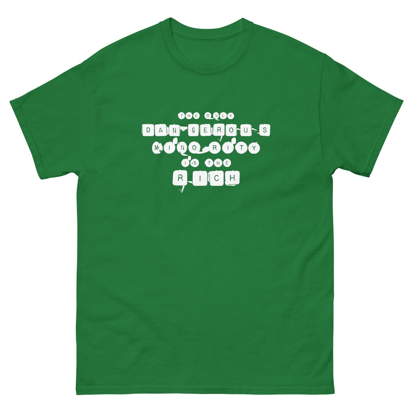 Green unisex classic t-shirt featuring typewriter-style protest text design, justice-focused activist apparel.