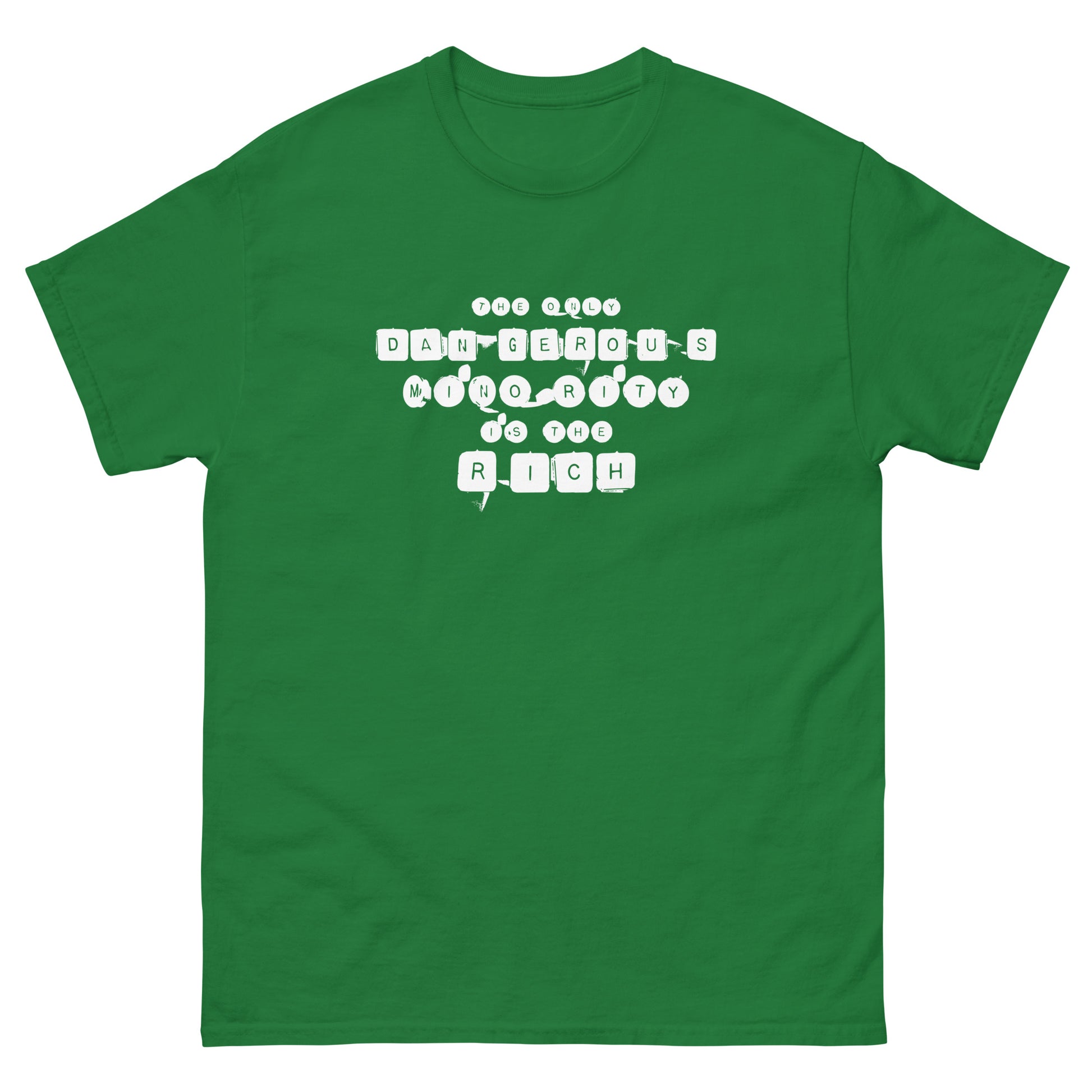 Green unisex classic t-shirt featuring typewriter-style protest text design, justice-focused activist apparel.